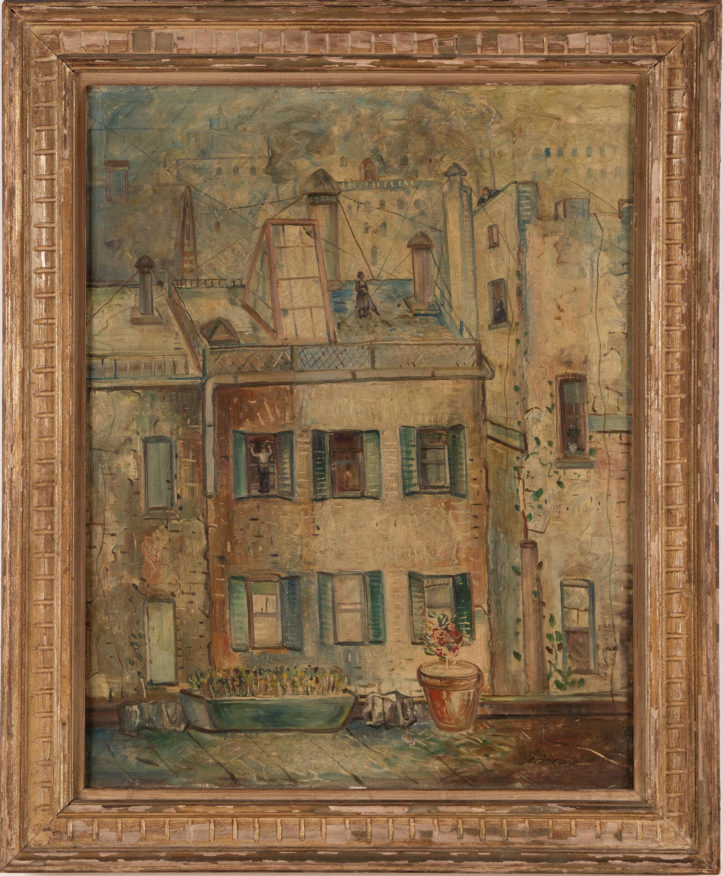Unknown Landscape Painting - Antique American Modernist New York City Modernist Roof Top Signed Oil Painting