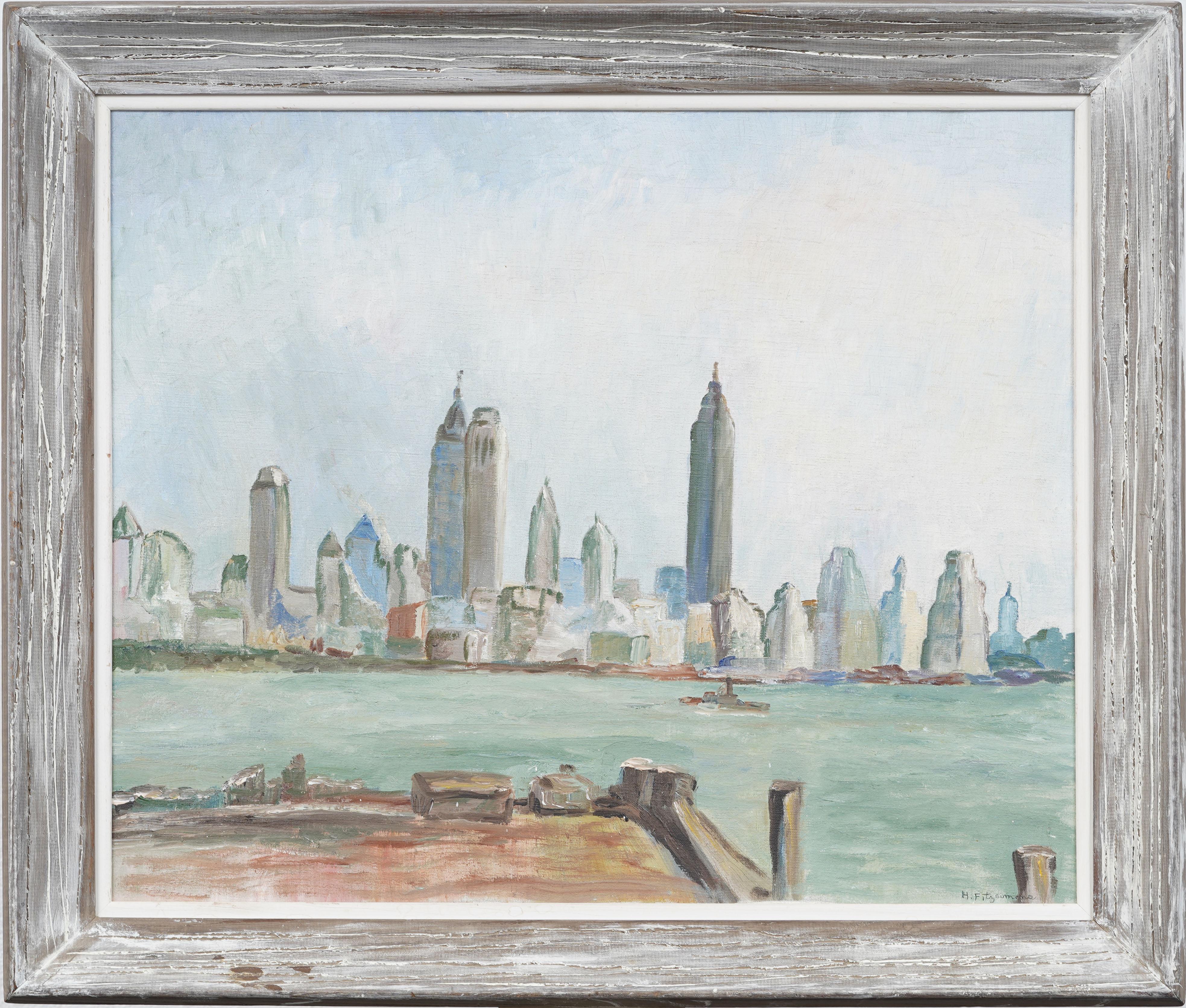 Antico quadro ad olio modernista di New York con paesaggio urbano incorniciato - Painting di Unknown