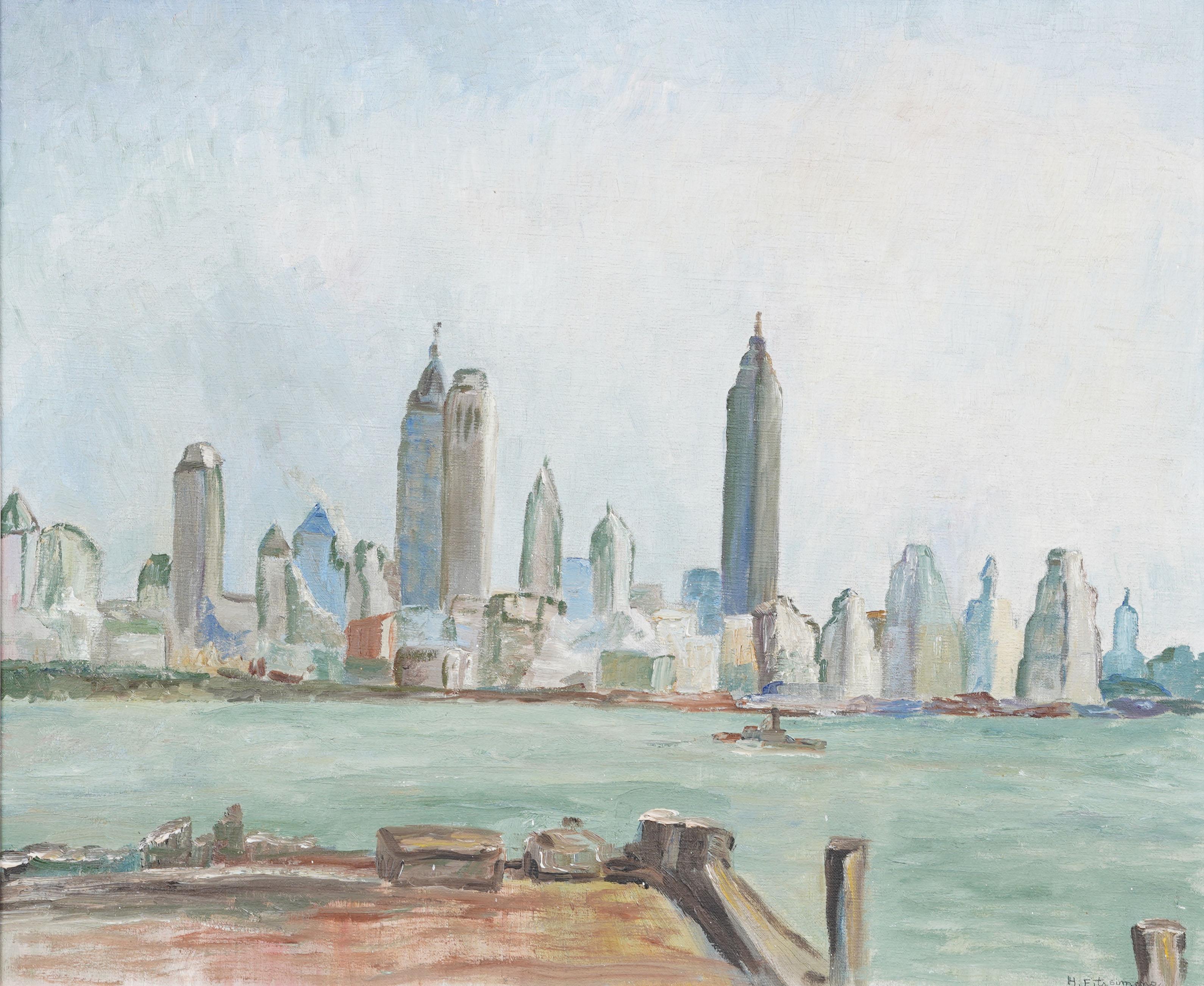 Antico quadro ad olio modernista di New York con paesaggio urbano incorniciato - Painting Moderno di Unknown