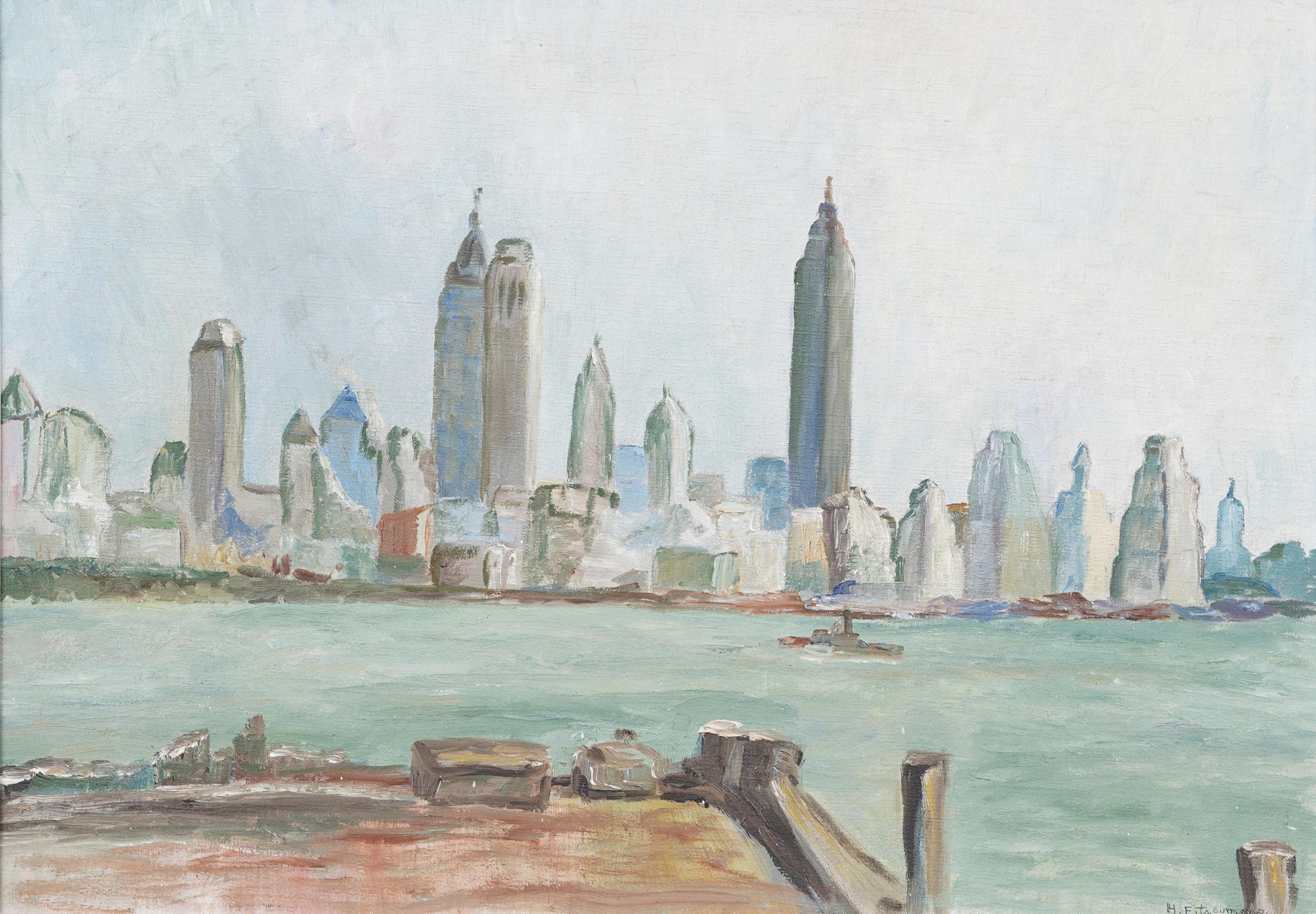 Antico quadro ad olio modernista di New York con paesaggio urbano incorniciato - Landscape Painting Grigio di Unknown