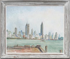 Antico quadro ad olio modernista di New York con paesaggio urbano incorniciato