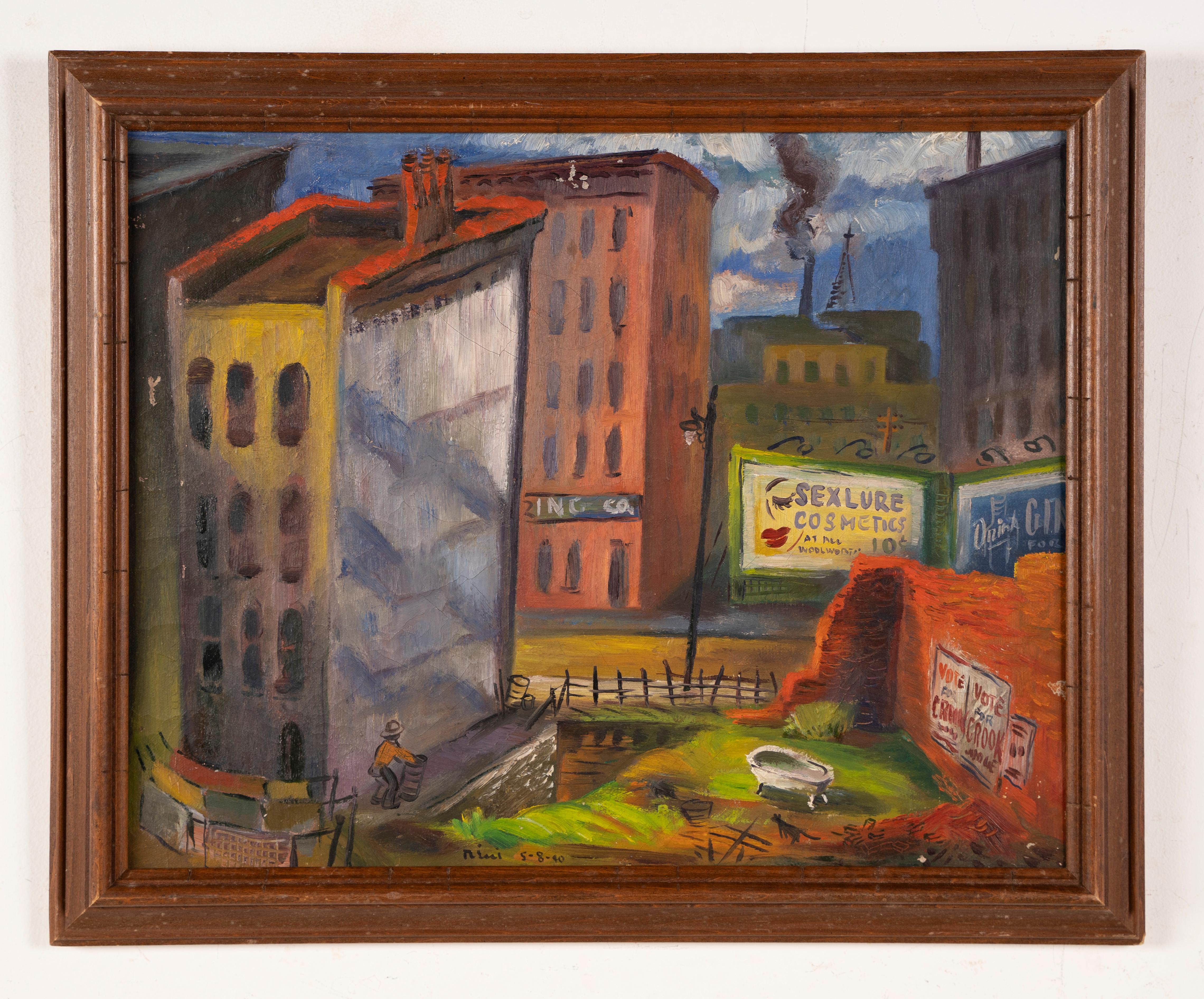 Ancienne peinture à l'huile moderniste américaine New York City Street Scene Abstract - Painting de Unknown