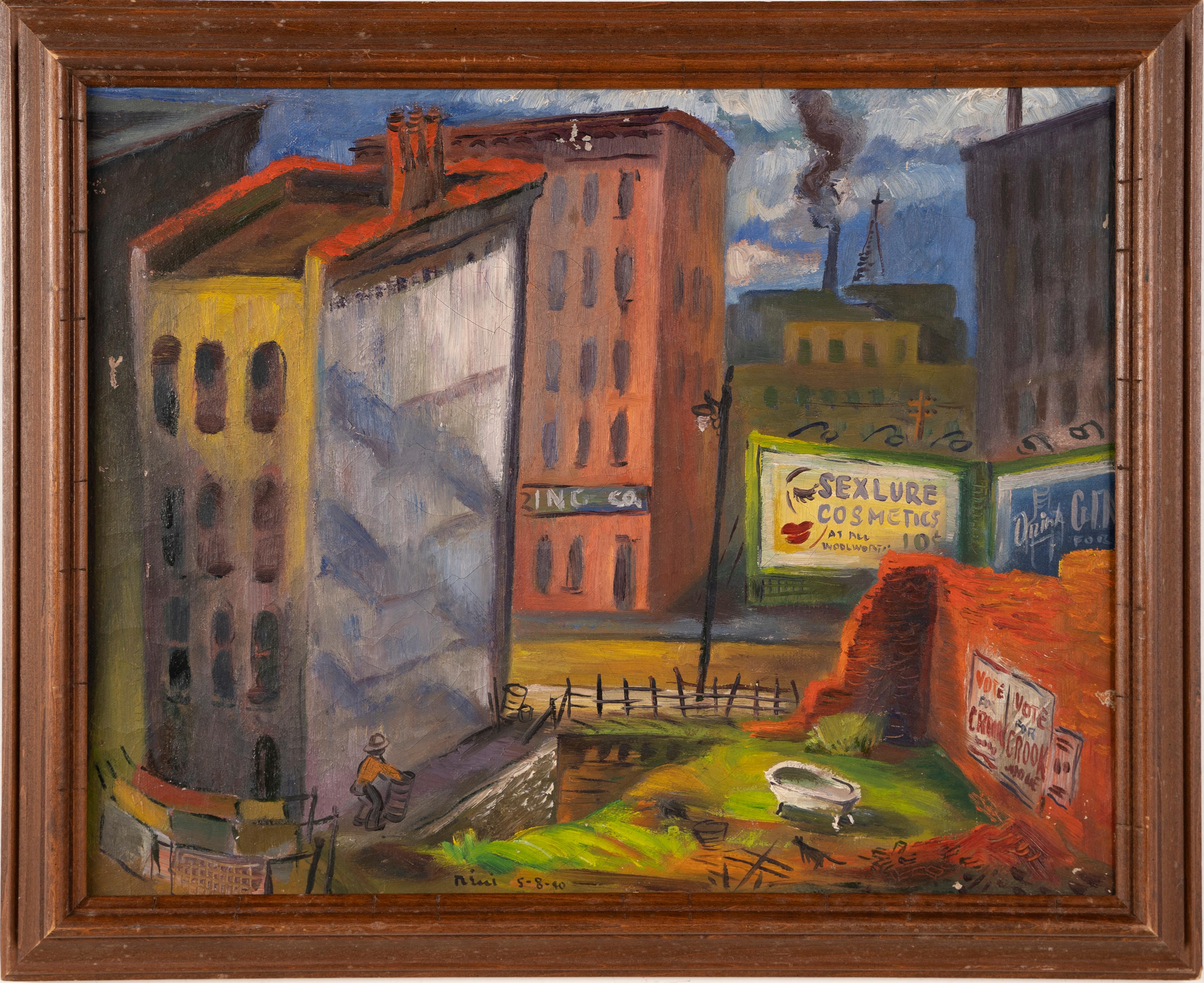 Antique American Modernist New York City Street Scene Abstract Oil Painting - Brown Landscape Painting by Unknown