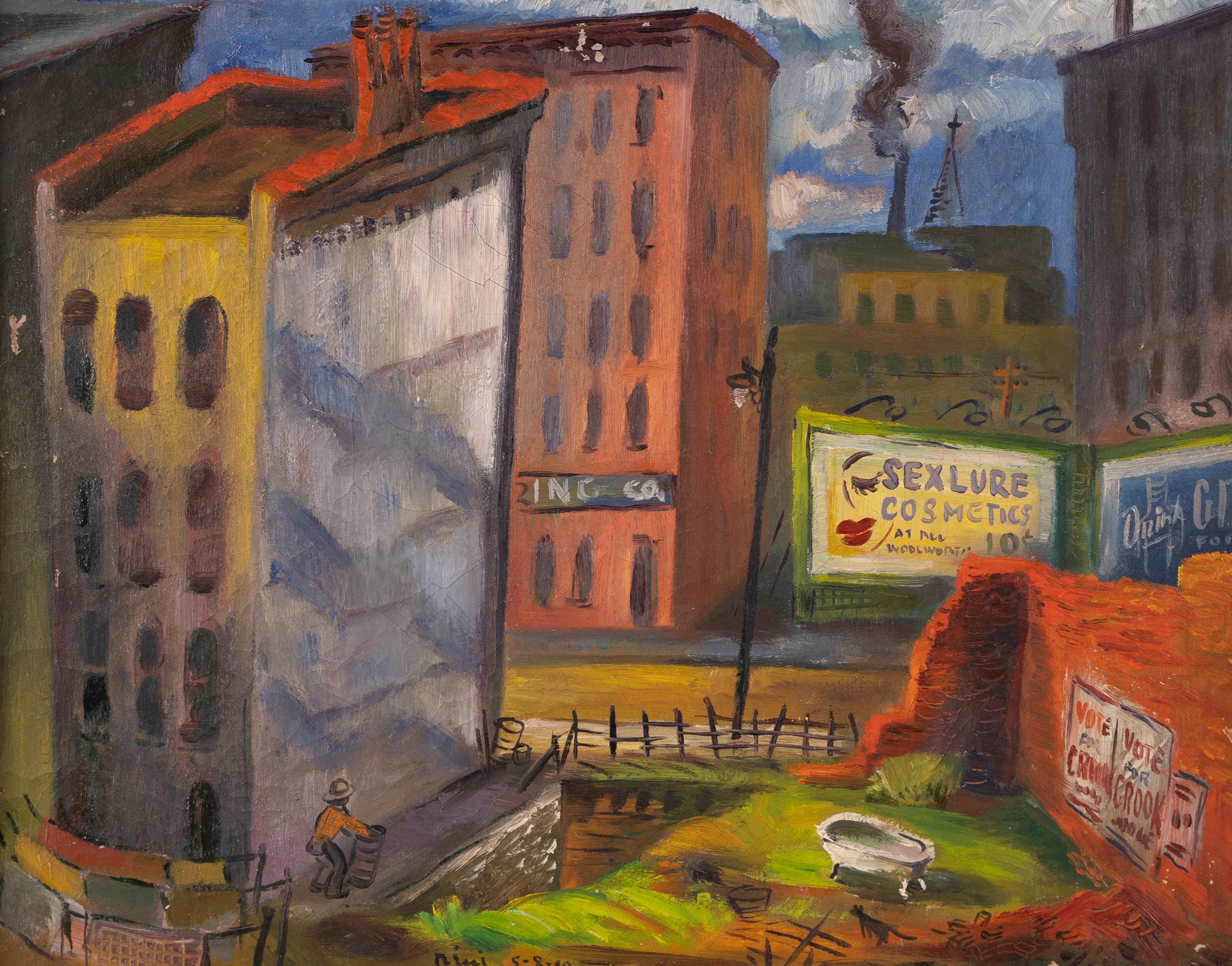 Ancienne peinture à l'huile moderniste américaine New York City Street Scene Abstract - Marron Landscape Painting par Unknown