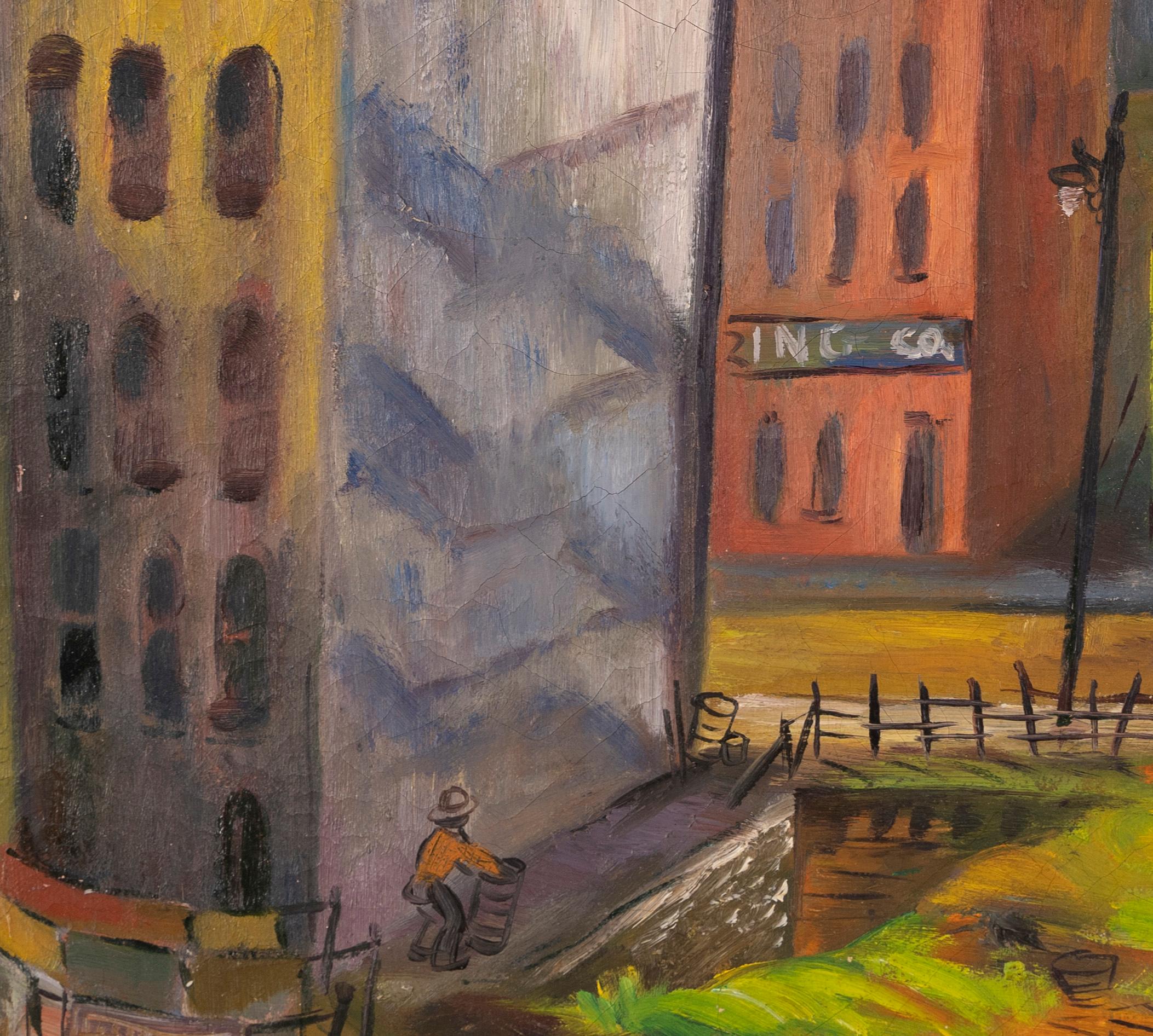 Antique American Modernist New York City Street Scene Abstract Oil Painting For Sale 2