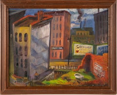 Ancienne peinture à l'huile moderniste américaine New York City Street Scene Abstract