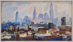 Antique American Modernist New York City View Framed Cityscape Oil Painting