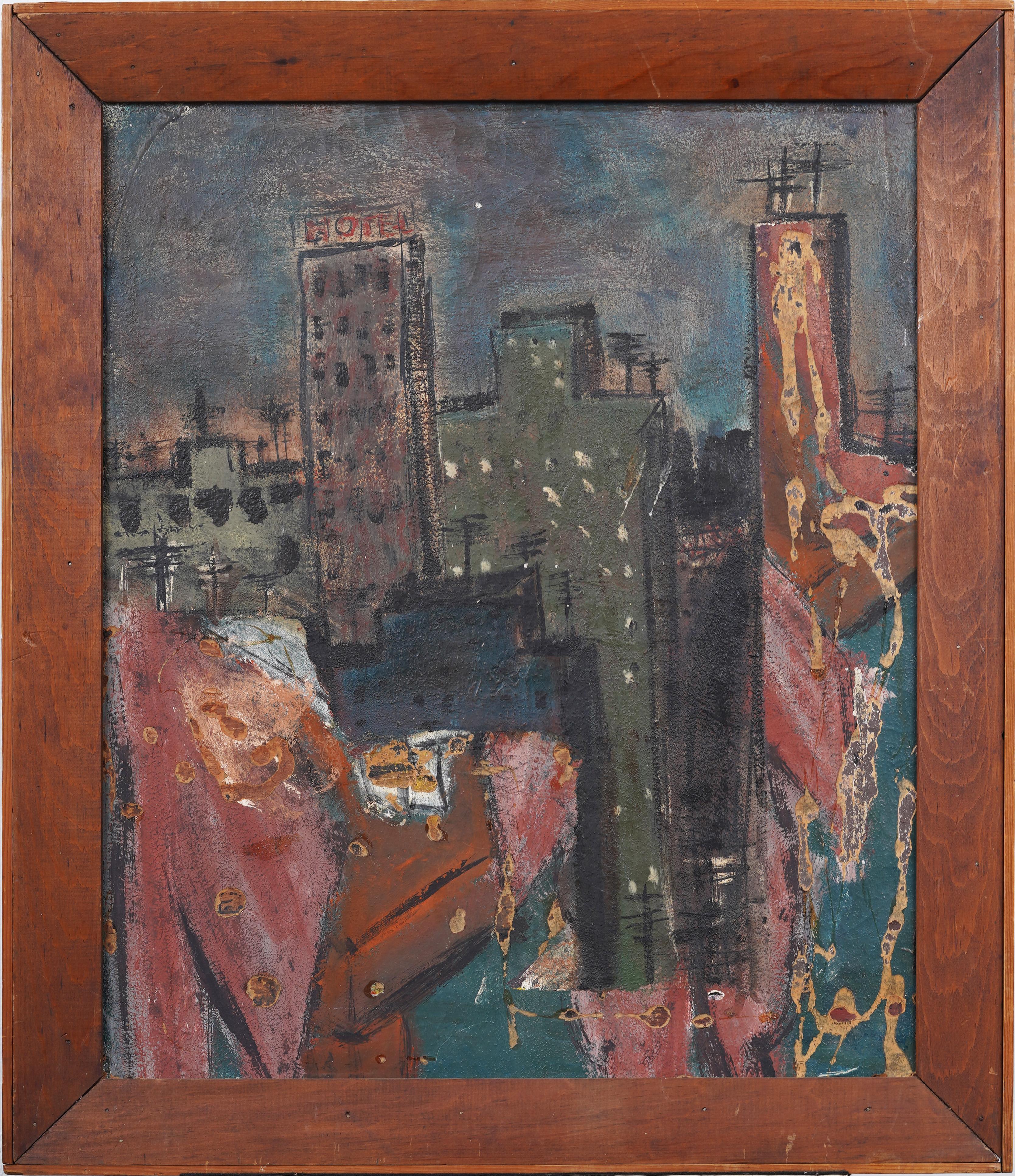 Antico quadro ad olio modernista americano New York Cityscape Pink Hotel incorniciato - Painting di Unknown