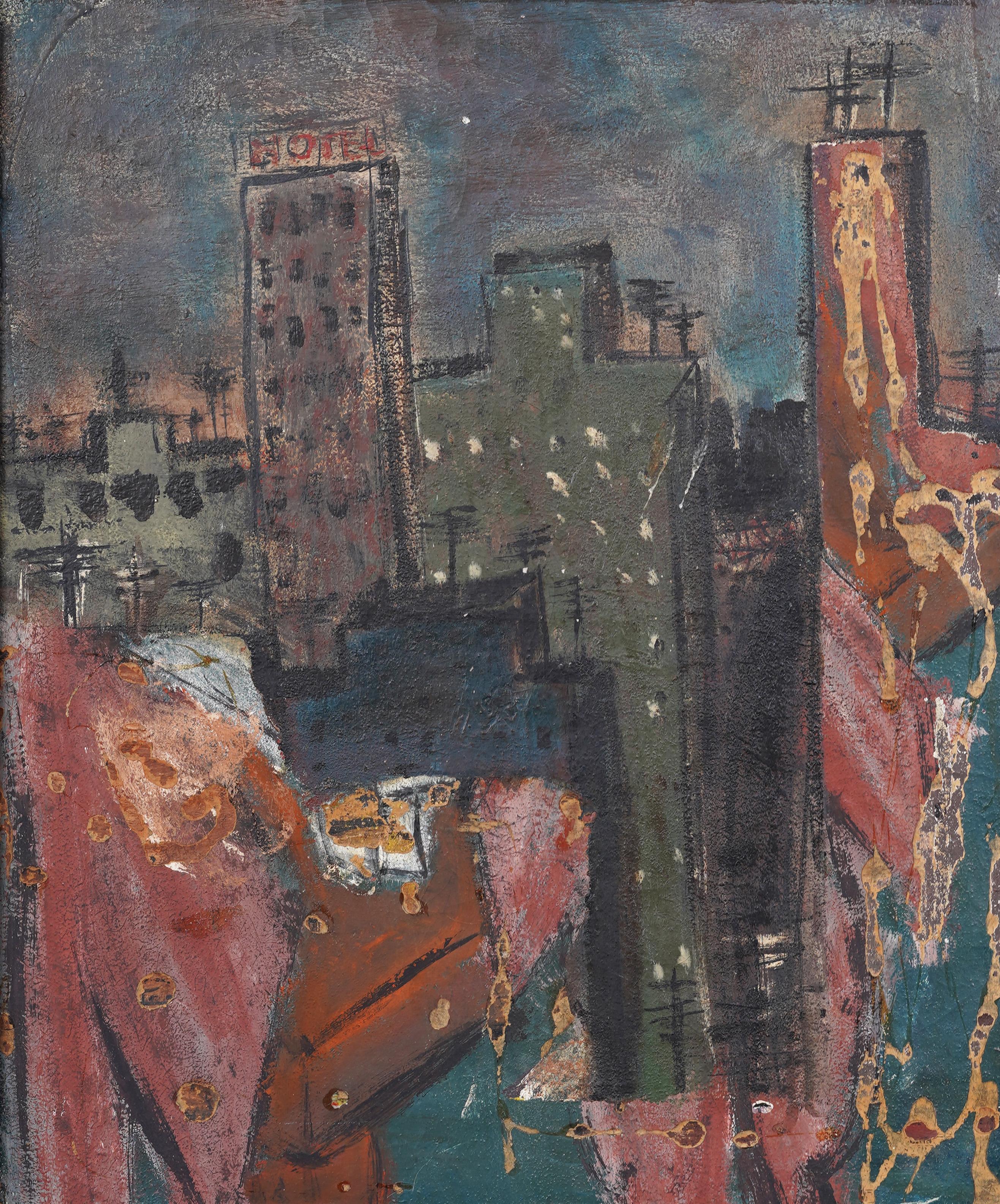 Antico quadro ad olio modernista americano New York Cityscape Pink Hotel incorniciato - Painting Moderno di Unknown