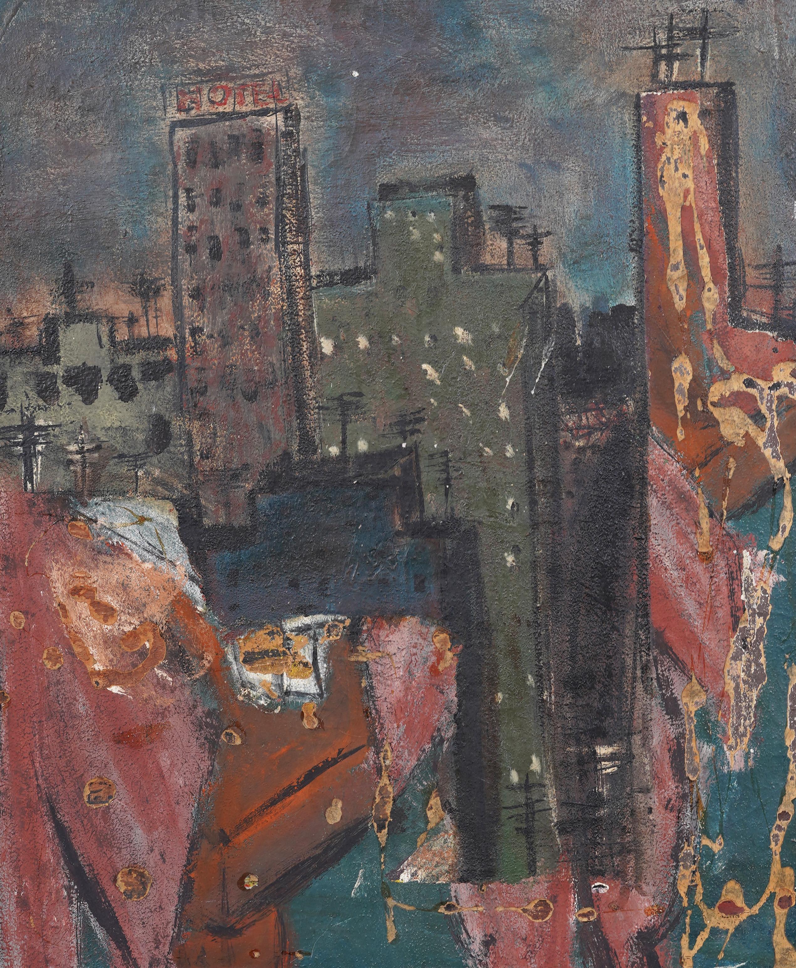 Antico quadro ad olio modernista americano New York Cityscape Pink Hotel incorniciato - Landscape Painting Marrone di Unknown