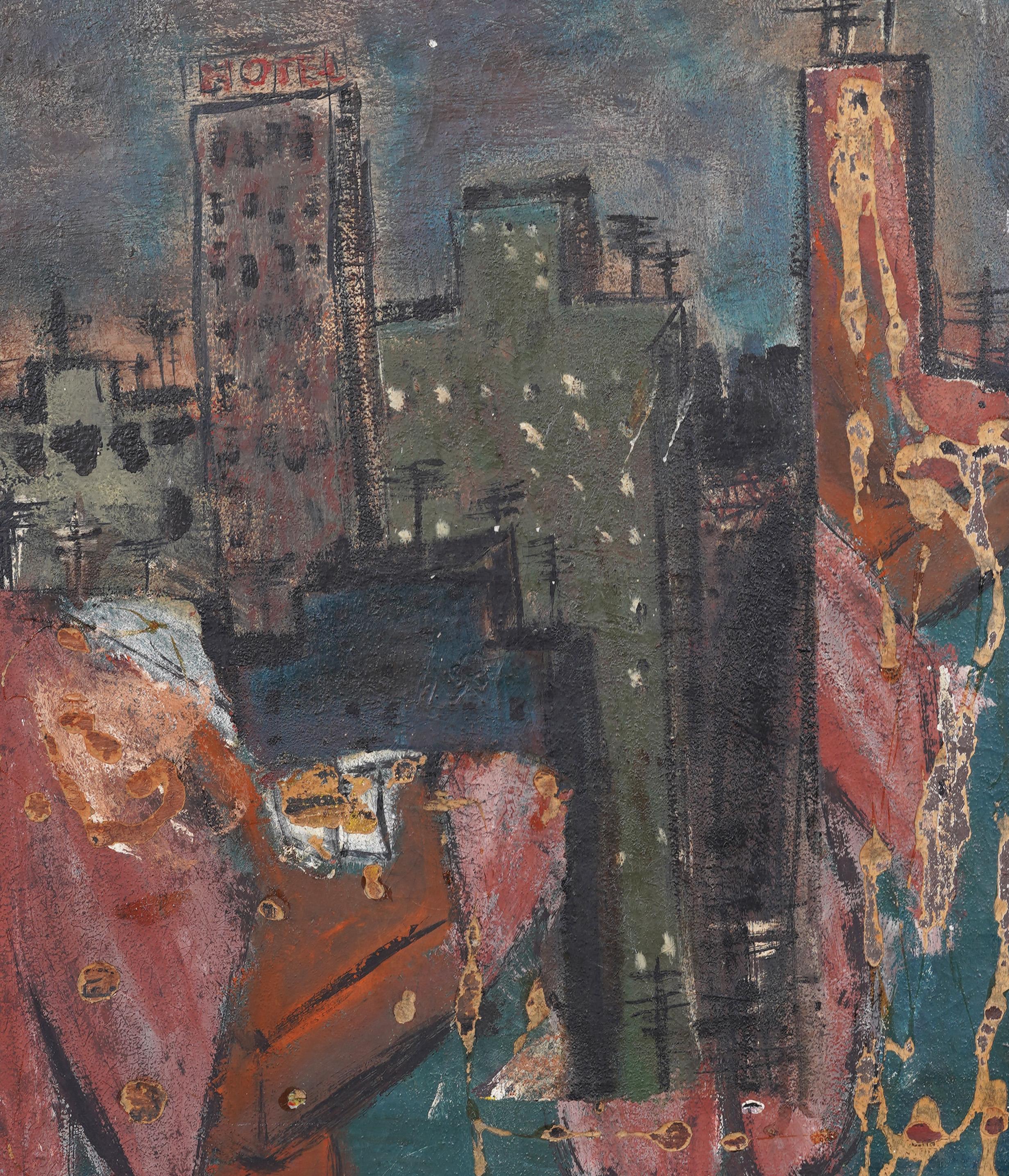 Impressionante dipinto a olio di un paesaggio urbano modernista dei primi anni dell'America.  Incorniciato.  Olio su tela.   Dimensioni dell'immagine, 30H per 26L.