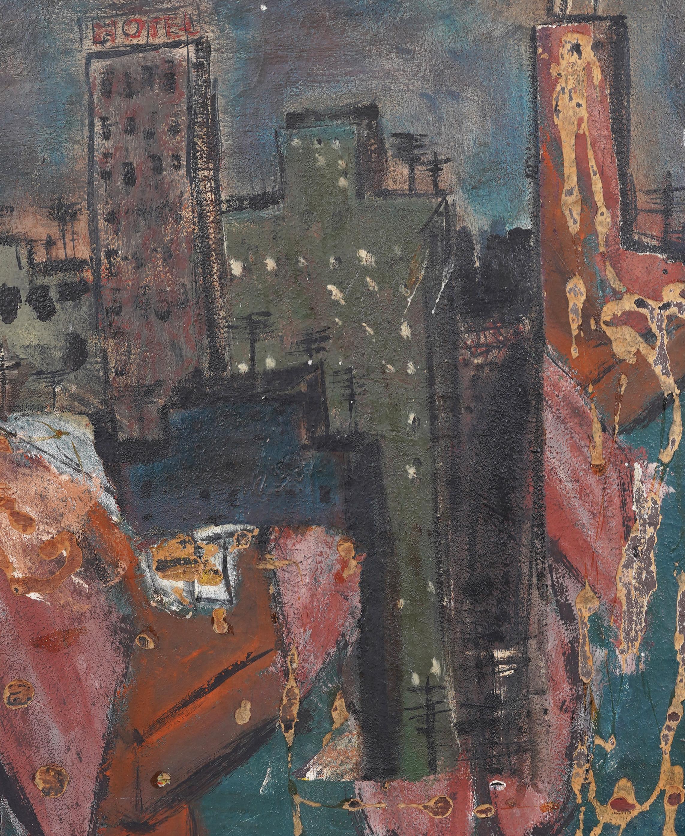 Antico quadro ad olio modernista americano New York Cityscape Pink Hotel incorniciato in vendita 1