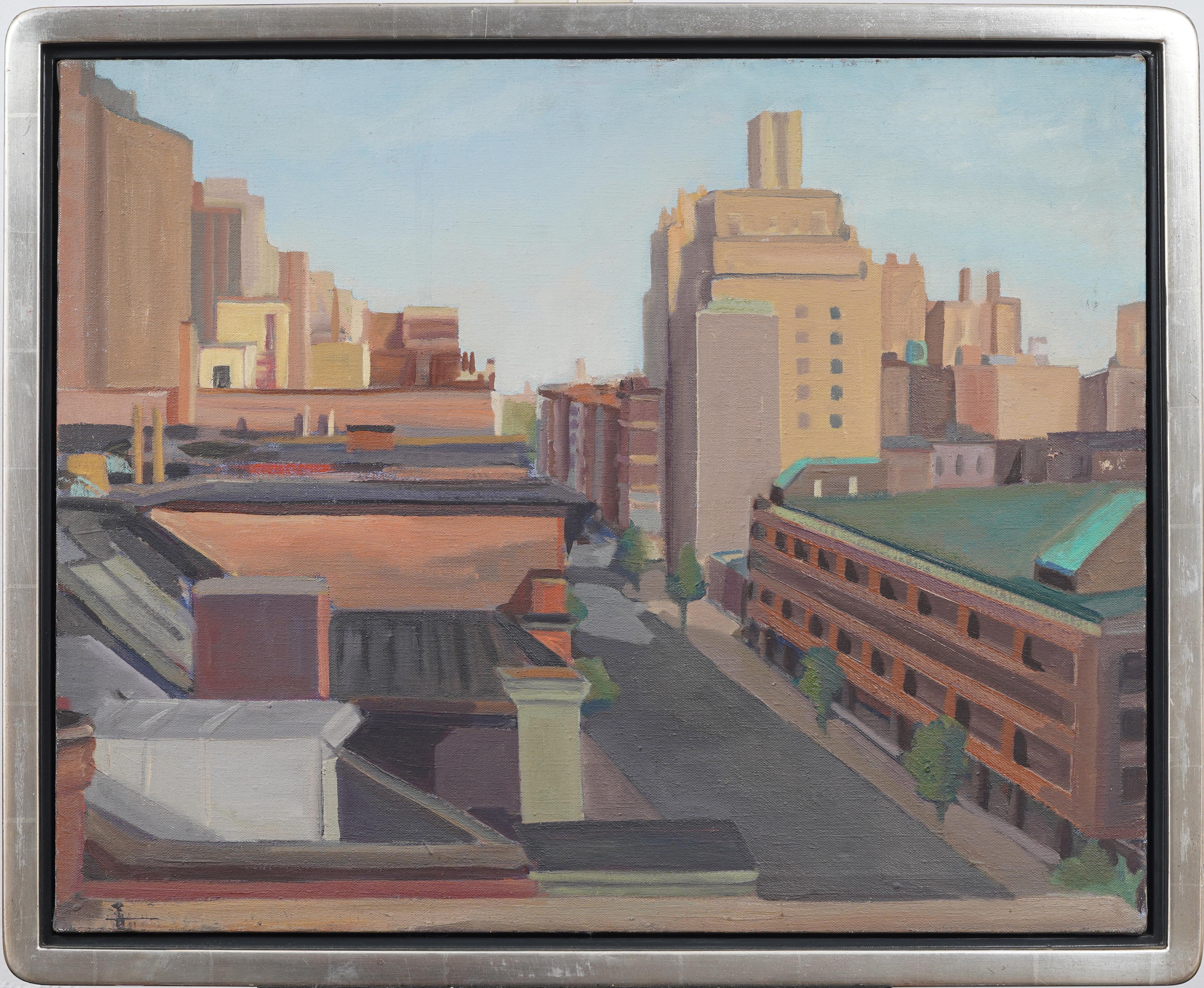 Antique American modernist cityscape oil painting. Oil on canvas. Framed. Measuring 27 by 33 inches overall and 23 by 29 painting alone. In excellent original condition. Handsomely framed in a modernist wood molding.  Excellent condition, ready to