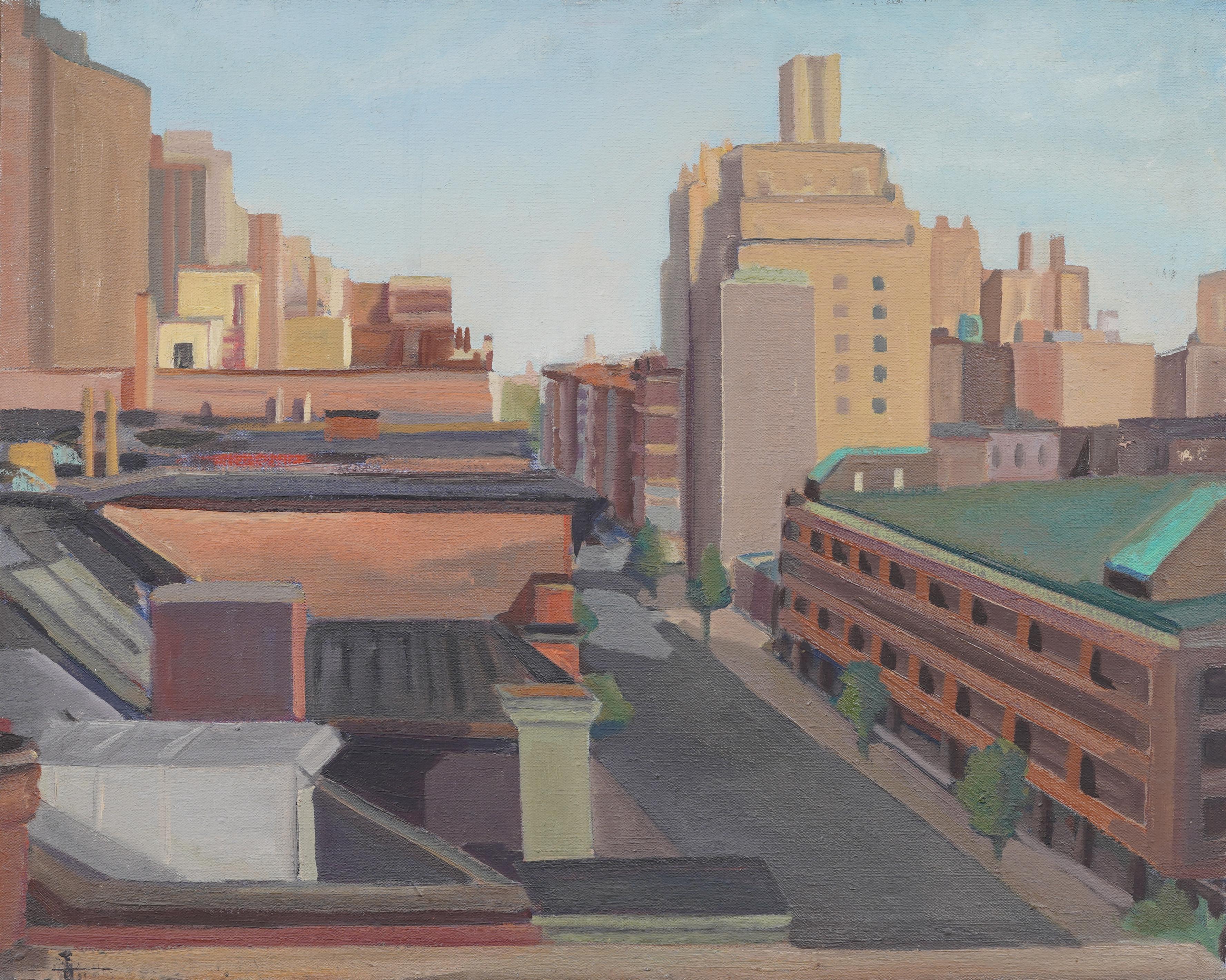 Antique American Modernist New York Cityscape Silver Leaf Framed Oil Painting 1
