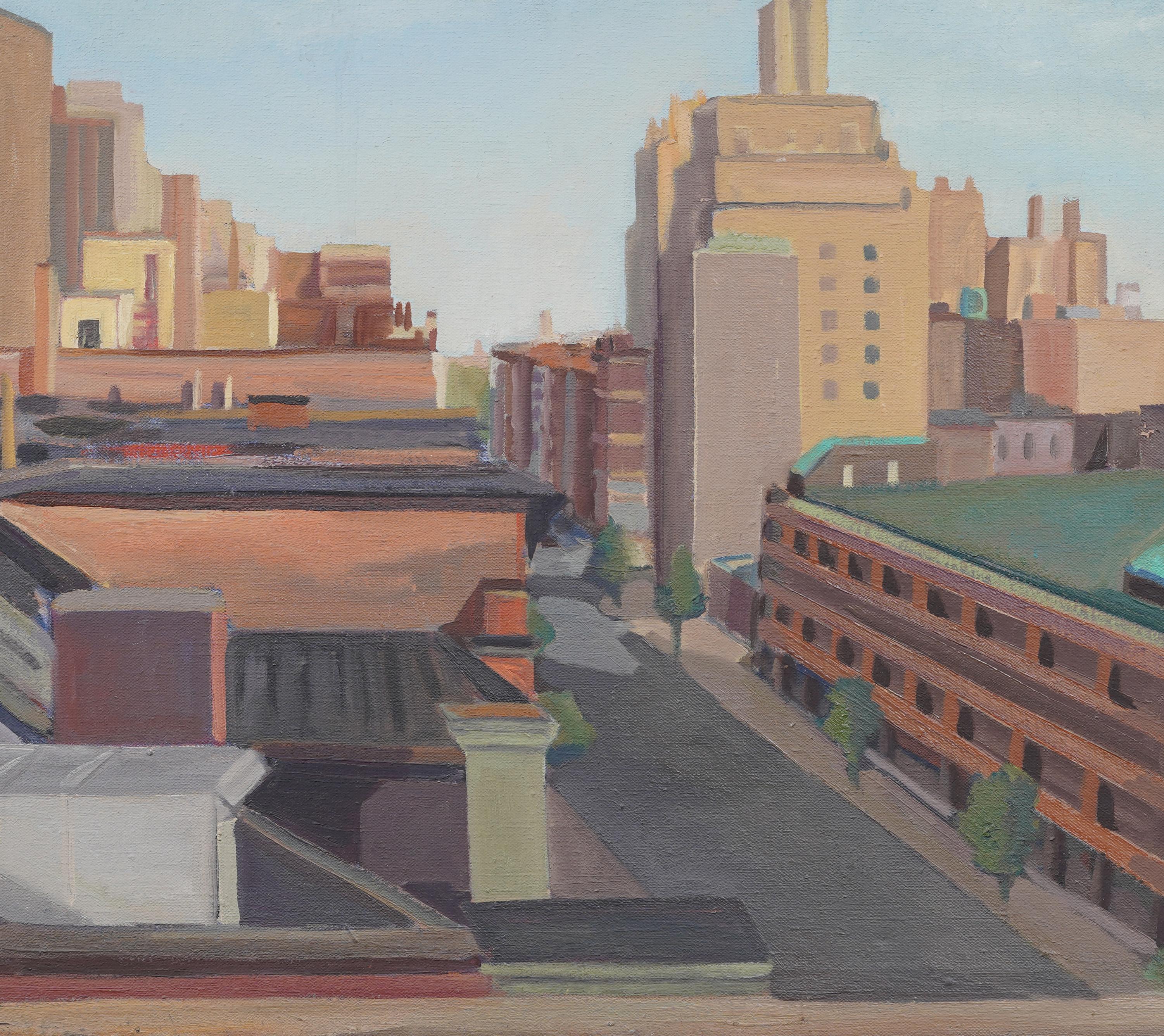 Antique American Modernist New York Cityscape Silver Leaf Framed Oil Painting 3