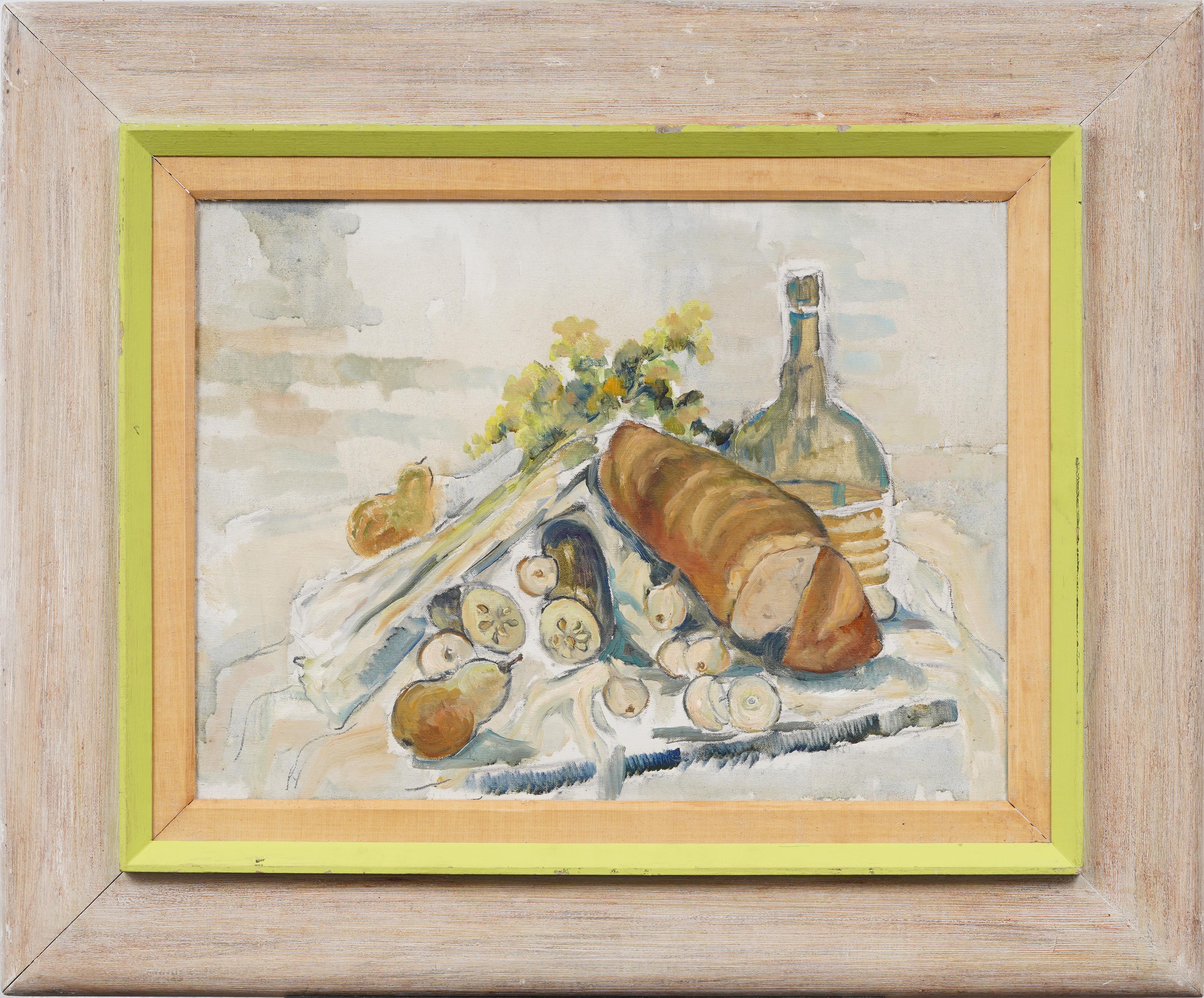 Antique American Modernist Nicely Framed Kitchen Still Life Bread Oil Painting - Beige Interior Painting by Unknown