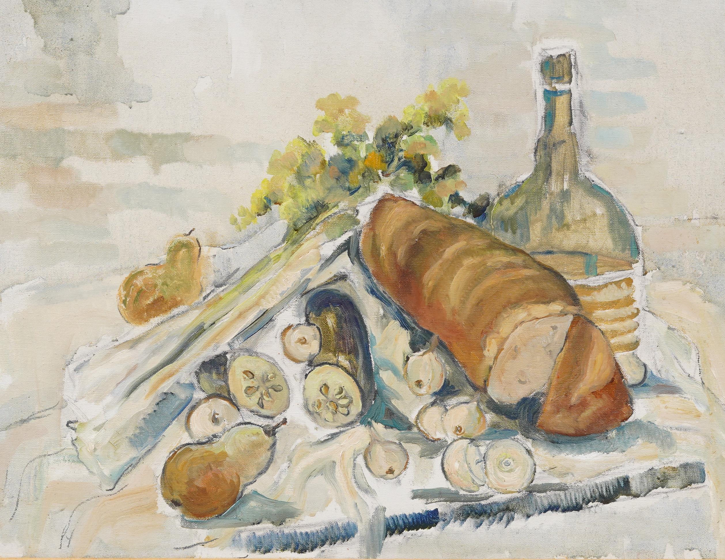 Antique American Modernist Nicely Framed Kitchen Still Life Bread Oil Painting For Sale 1