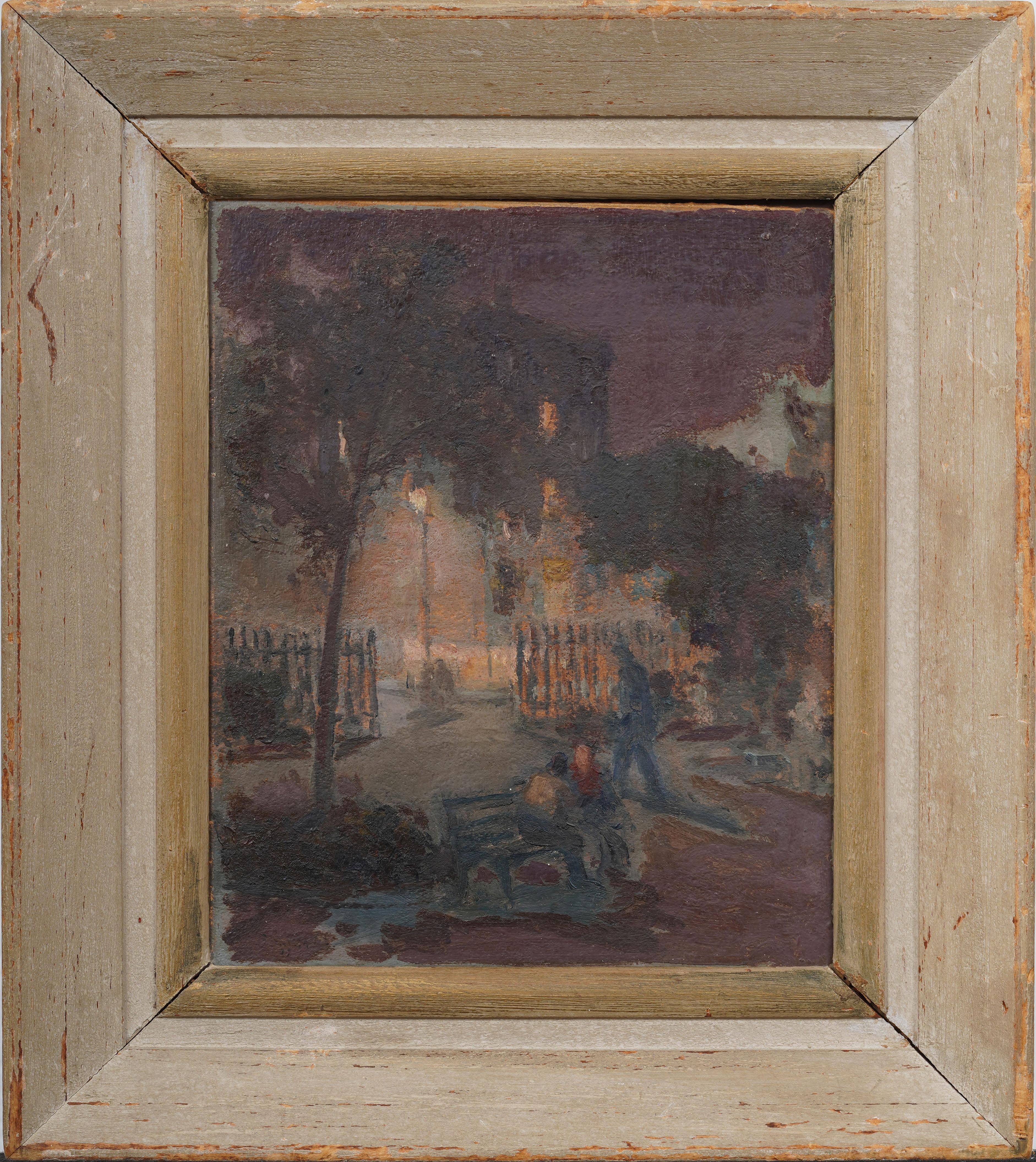 Antiguo cuadro al óleo modernista americano Escena callejera nocturna firmado y enmarcado - Painting de Unknown