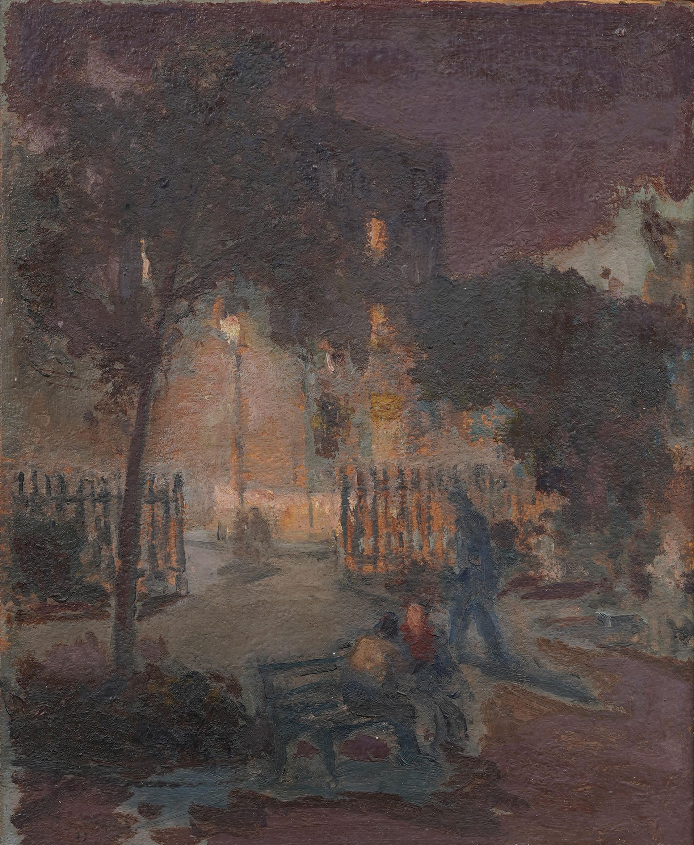Antiguo cuadro al óleo modernista americano Escena callejera nocturna firmado y enmarcado - Abstract Painting Marrón de Unknown