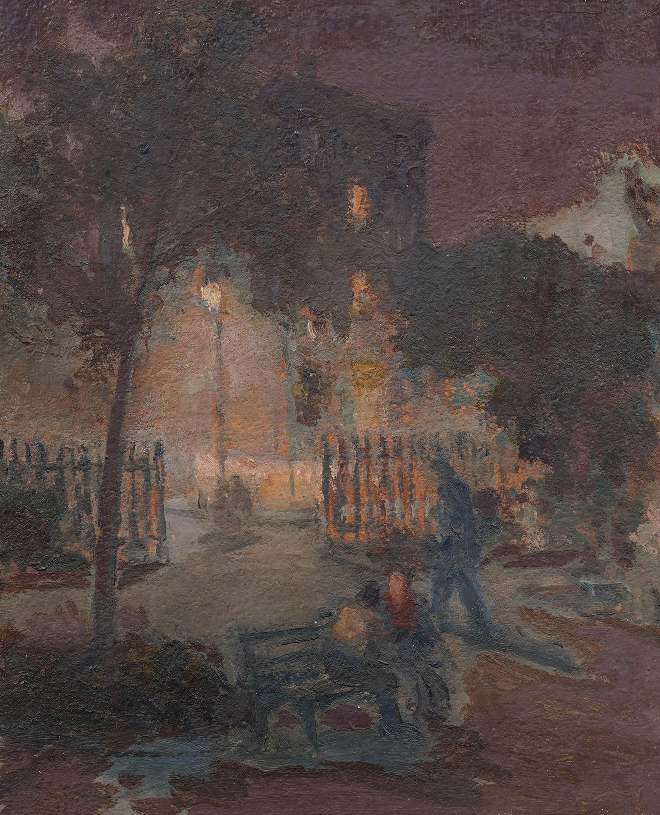 Antigua pintura al óleo modernista americana de escena callejera nocturna. Óleo sobre tabla. Enmarcado. Firmado .  Mide 14 por 12 pulgadas en total, y 8 por 10 pintando solo.  En excelente estado original. Bellamente enmarcado en un  molduras de