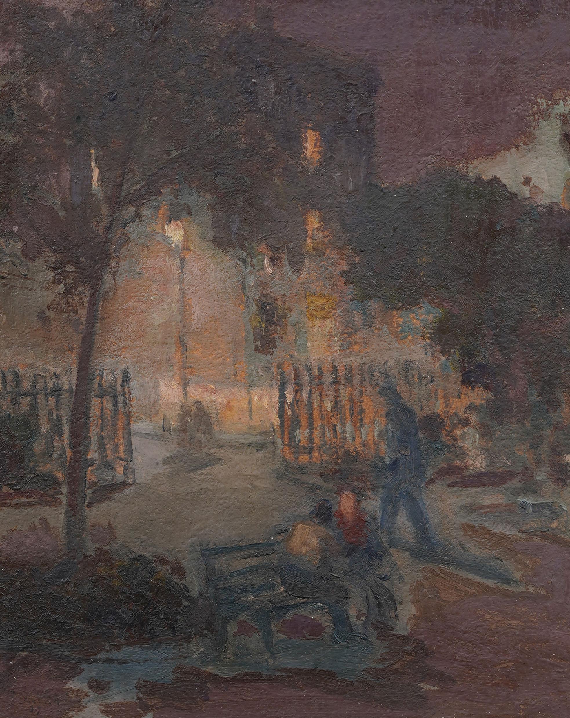 Antiguo cuadro al óleo modernista americano Escena callejera nocturna firmado y enmarcado en venta 1