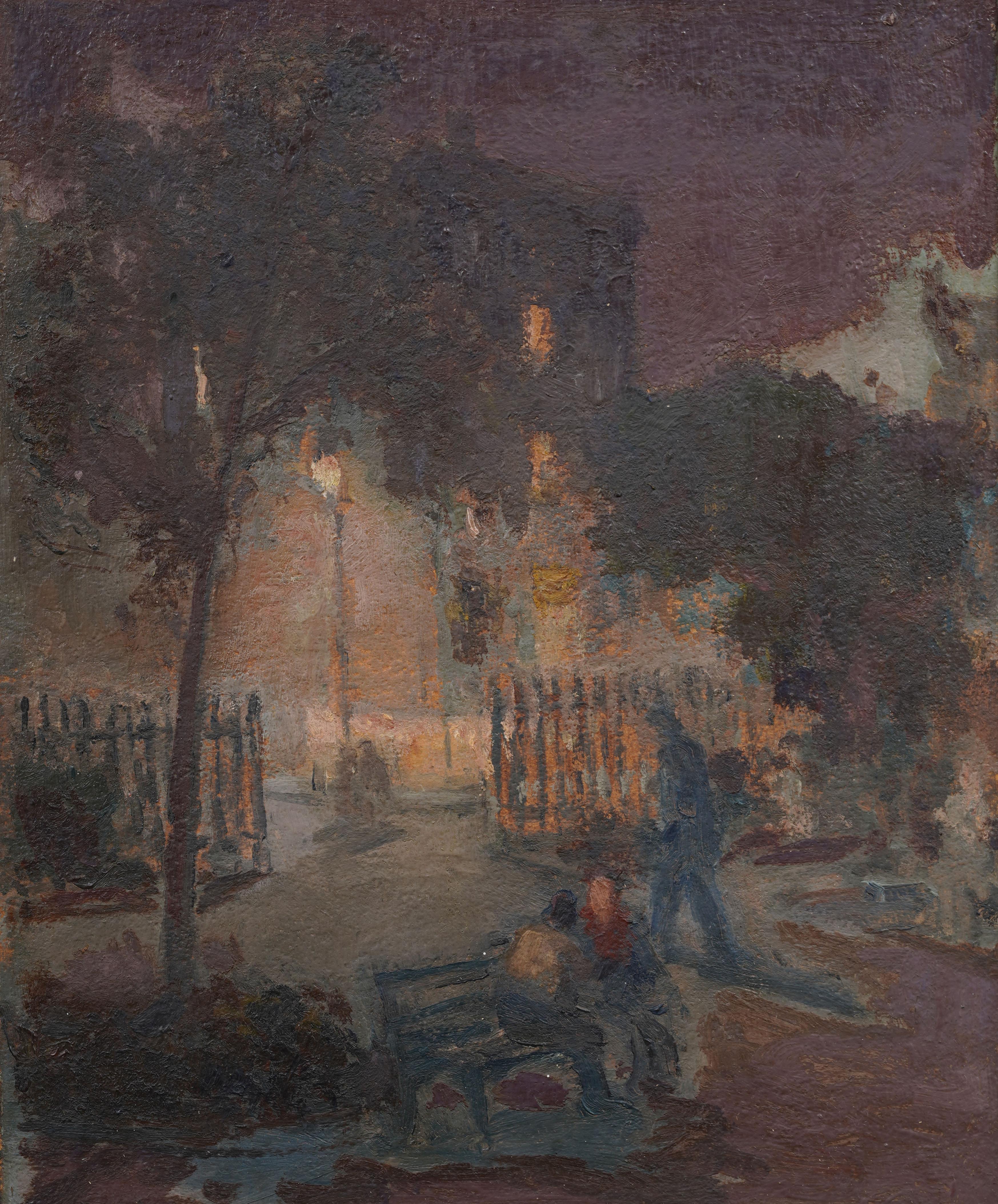 Antiguo cuadro al óleo modernista americano Escena callejera nocturna firmado y enmarcado en venta 2