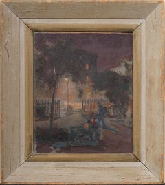 Ancienne peinture à l'huile moderniste américaine, scène de rue nocturne, signée et encadrée