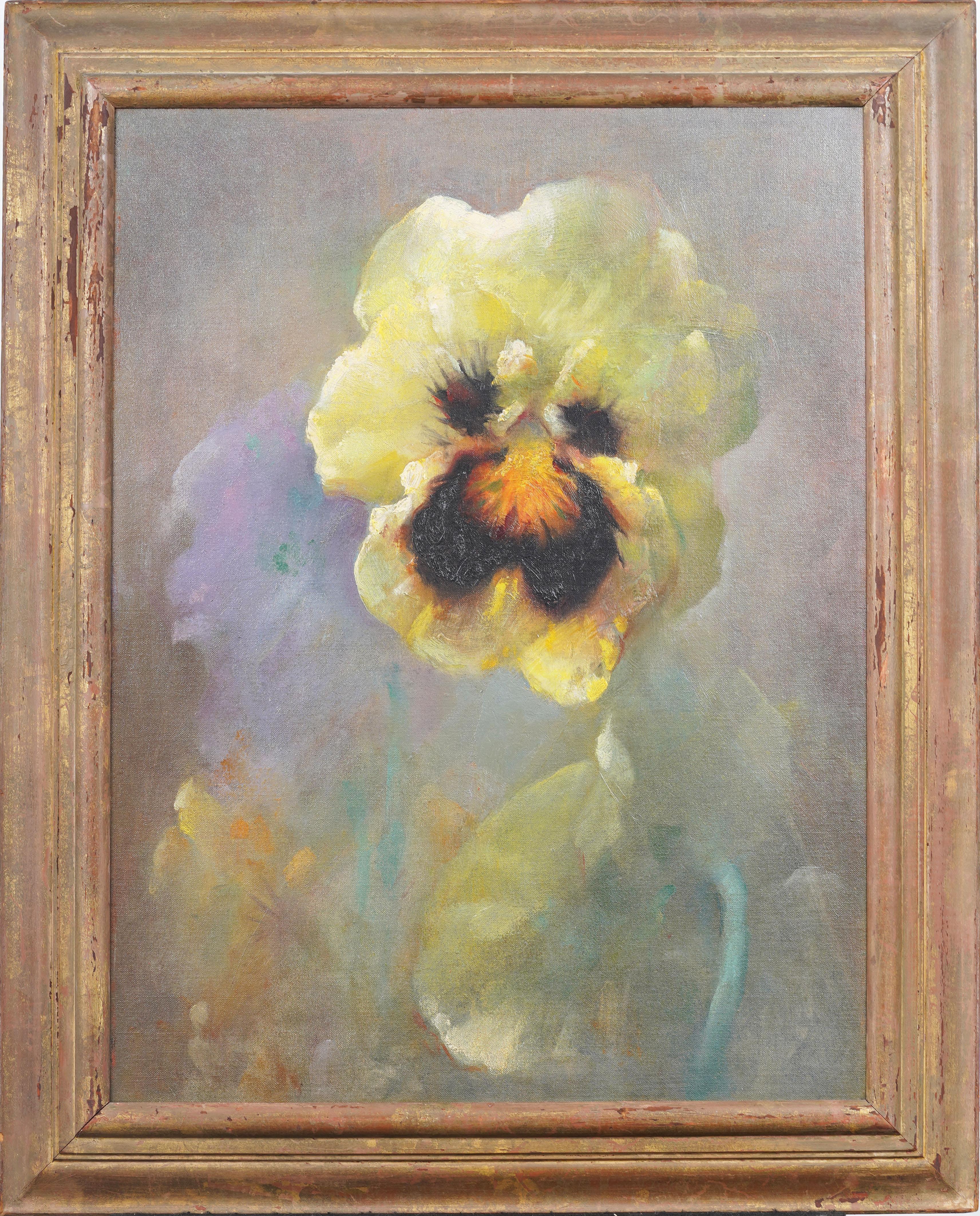 Antico dipinto ad olio con cornice di fiori di orchidea modernista, luminoso e antico