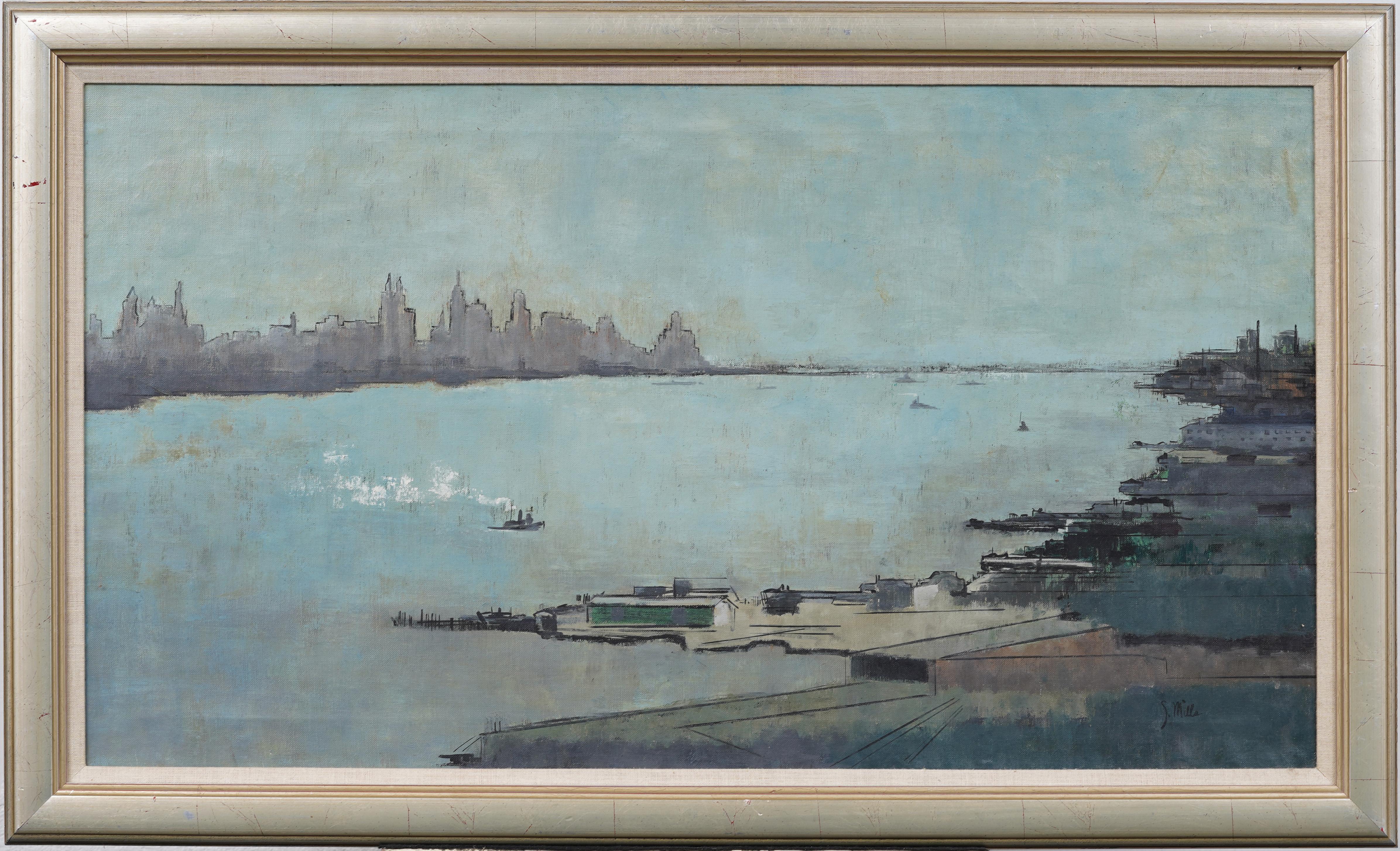 Antico dipinto a olio panoramico americano modernista di New York con cornice - Painting di Unknown