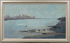 Antique American Modernist Panoramic New York Cityscape Framed Oil Painting