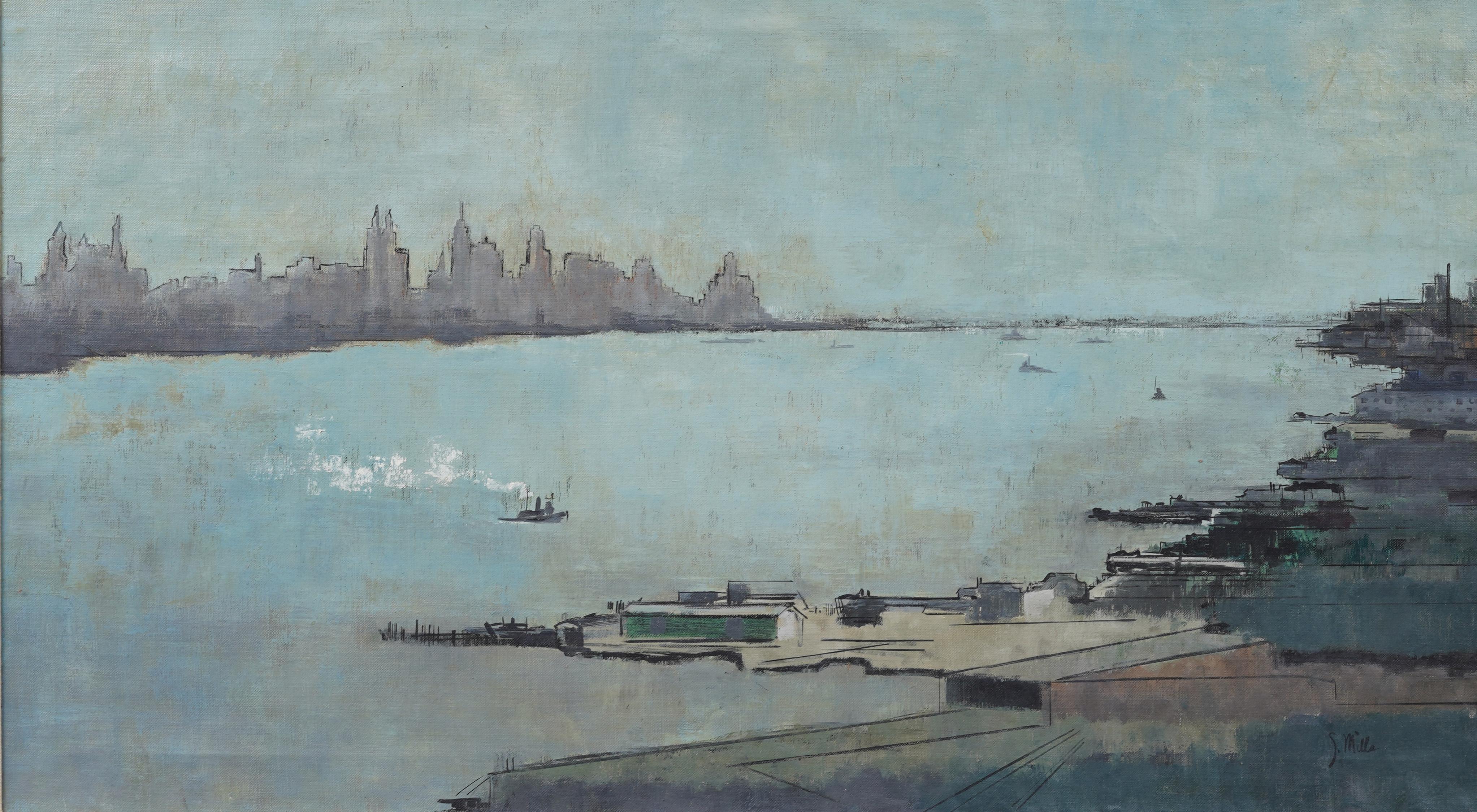 Antico dipinto a olio panoramico americano modernista di New York con cornice - Landscape Painting Grigio di Unknown