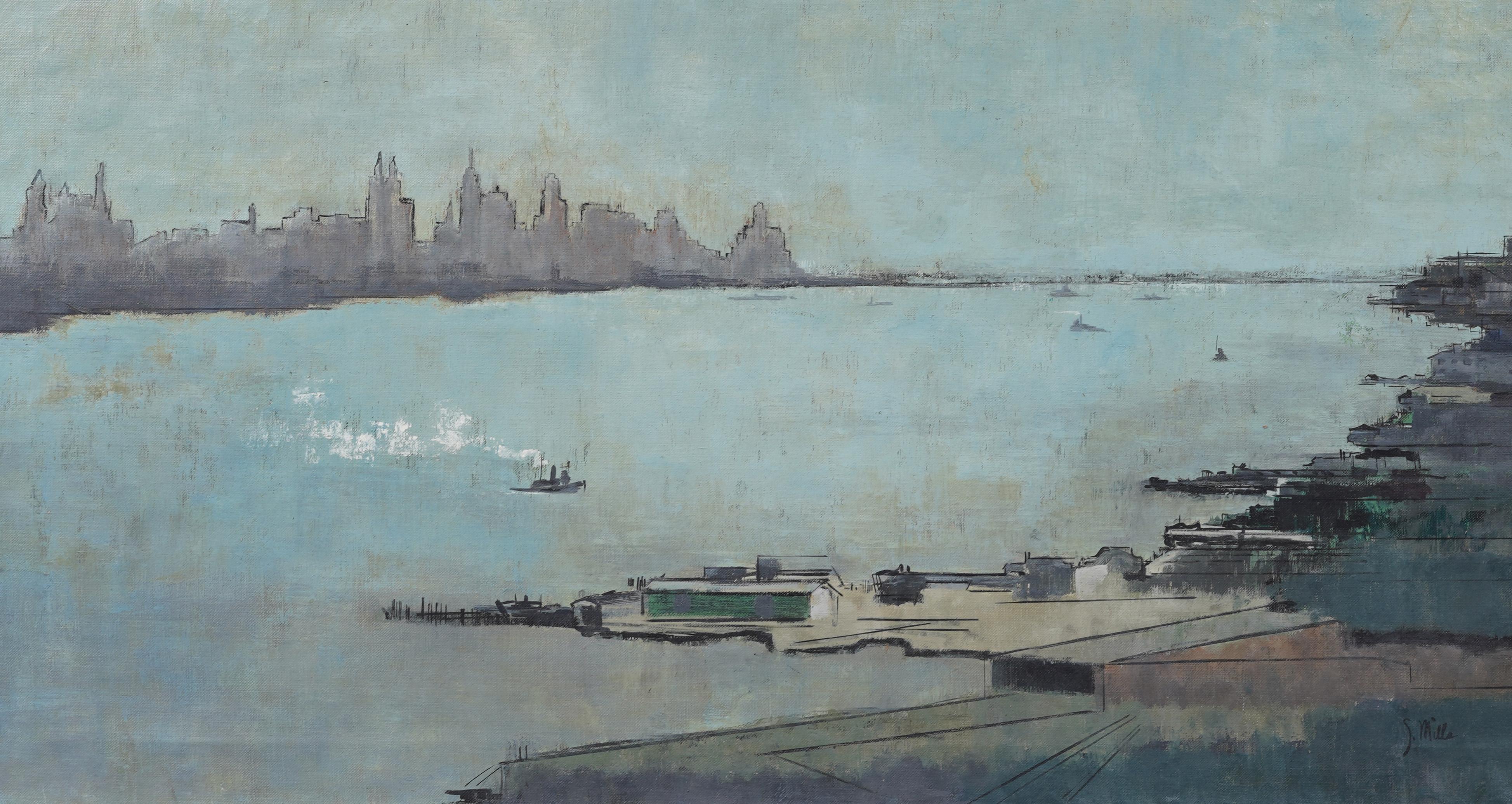 Impressionante dipinto a olio di un paesaggio urbano modernista dei primi anni dell'America.  Incorniciato.  Olio su tela.  Firmato.  Dimensioni dell'immagine, 20H per 36L.