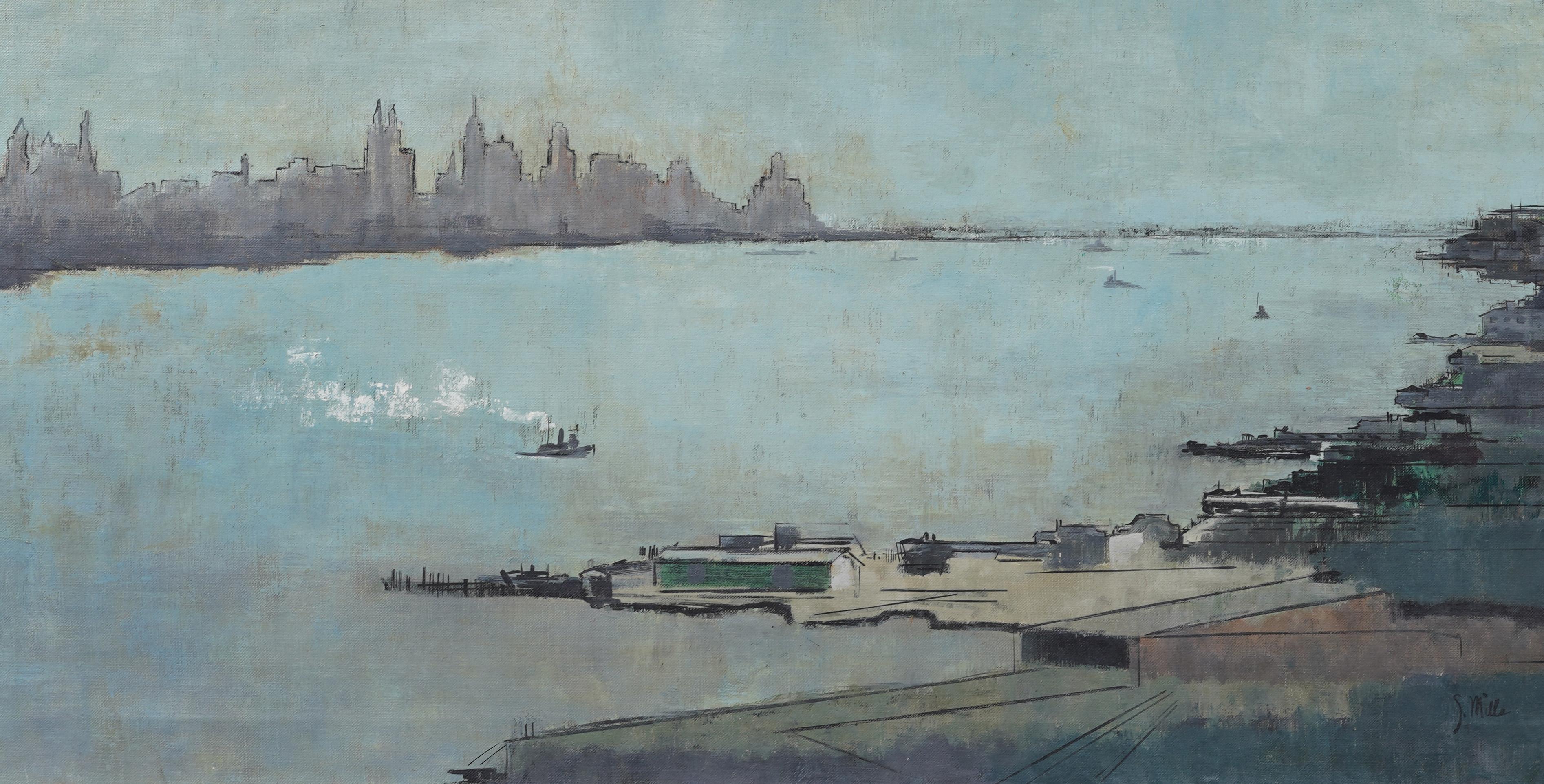 Antico dipinto a olio panoramico americano modernista di New York con cornice in vendita 1