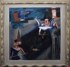 Vintage American Modernist Pool Table Cubist Figure 1940 Signed Oil Painting