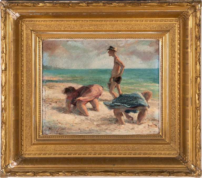 Antique American Modernist Regional Ashcan Beach Scene Signed Oil Painting - Brown Figurative Painting by Unknown