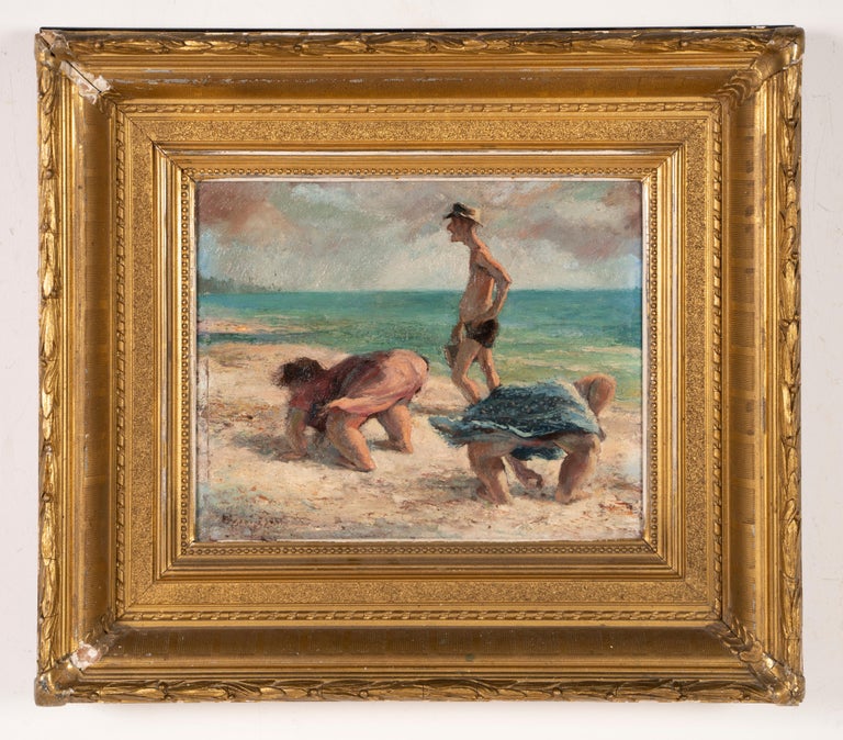 Vintage American modernist beach scene oil painting.  Oil on board, circa 1930.  Signed.  Framed.  Image size, 12