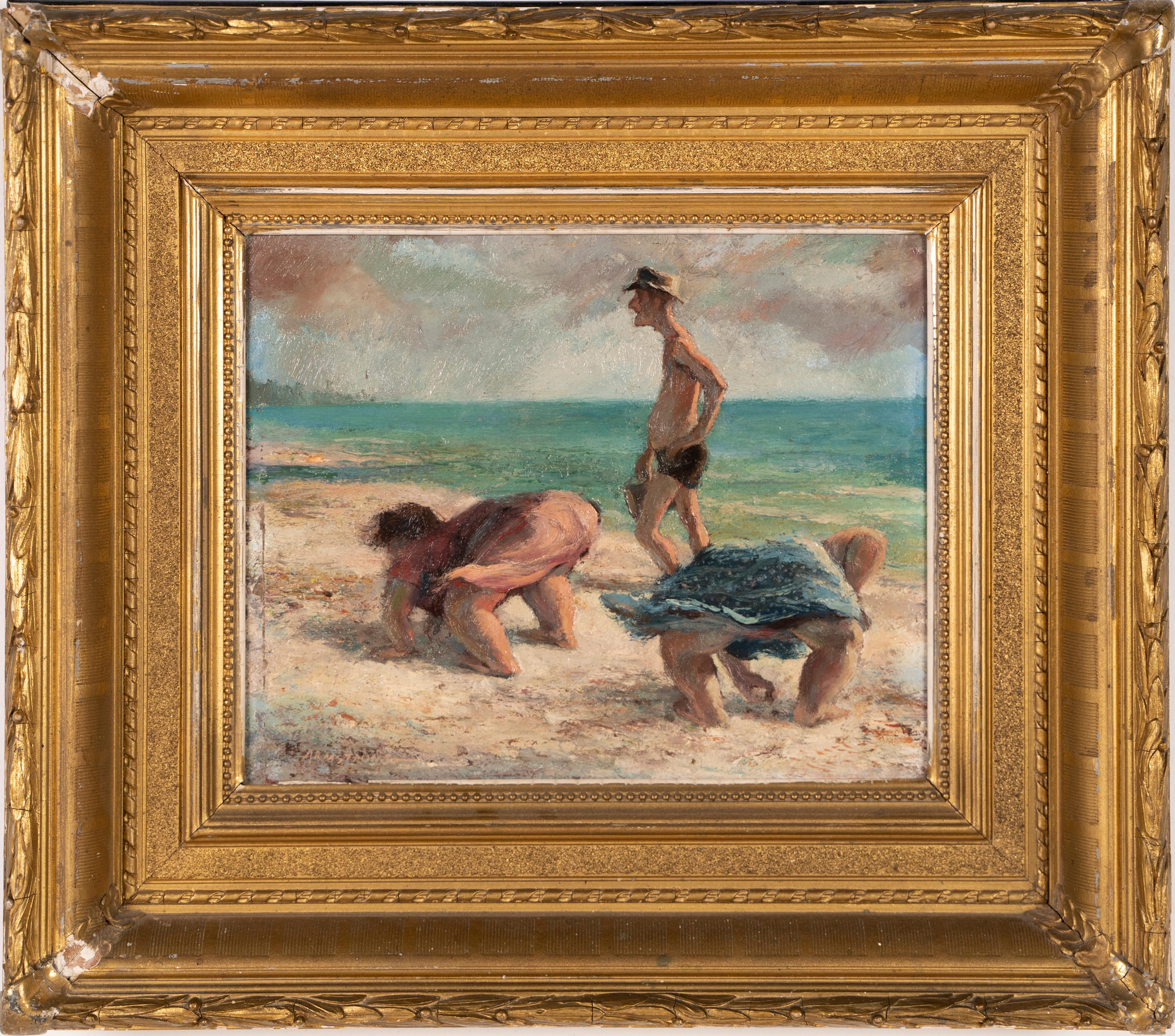 Antique American Modernist Regional Ashcan Beach Scene Signed Oil Painting