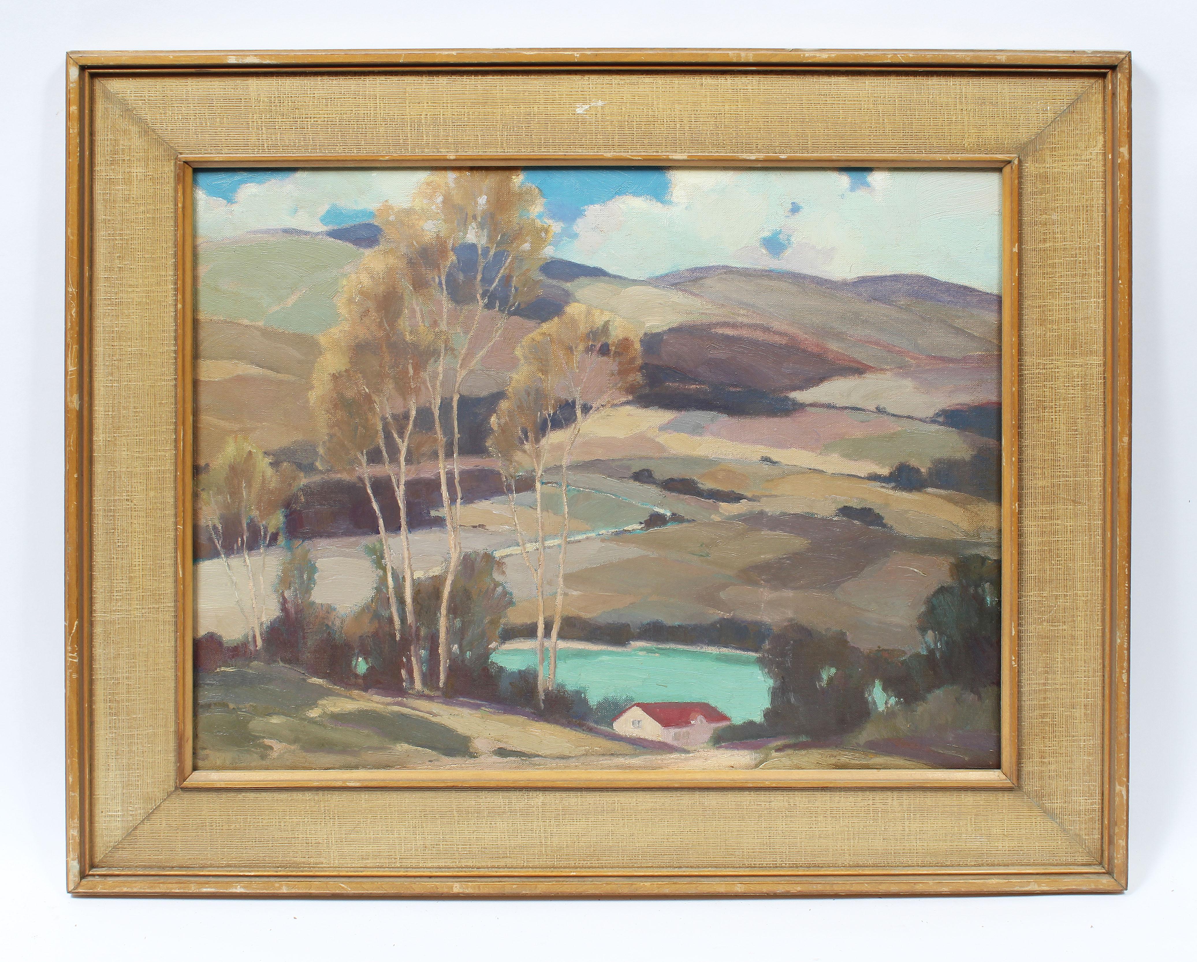 Antico dipinto ad olio modernista americano, paesaggio di fattoria con lavanda - Painting di Unknown