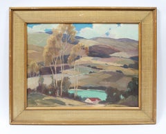 Antique American Modernist Regional Lavender Farm Landscape Early Oil Painting