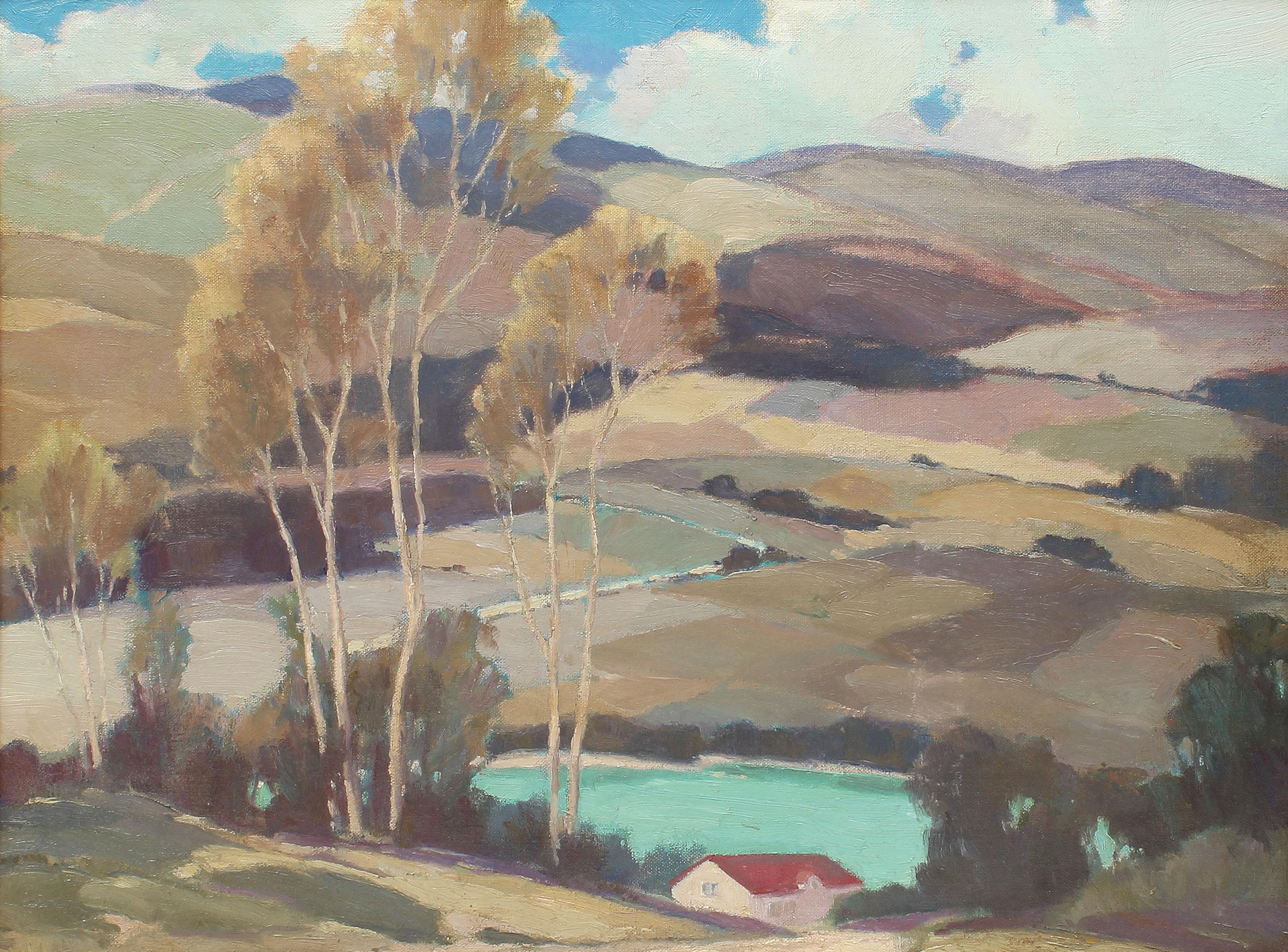 Antico dipinto ad olio modernista americano, paesaggio di fattoria con lavanda - Painting Moderno di Unknown