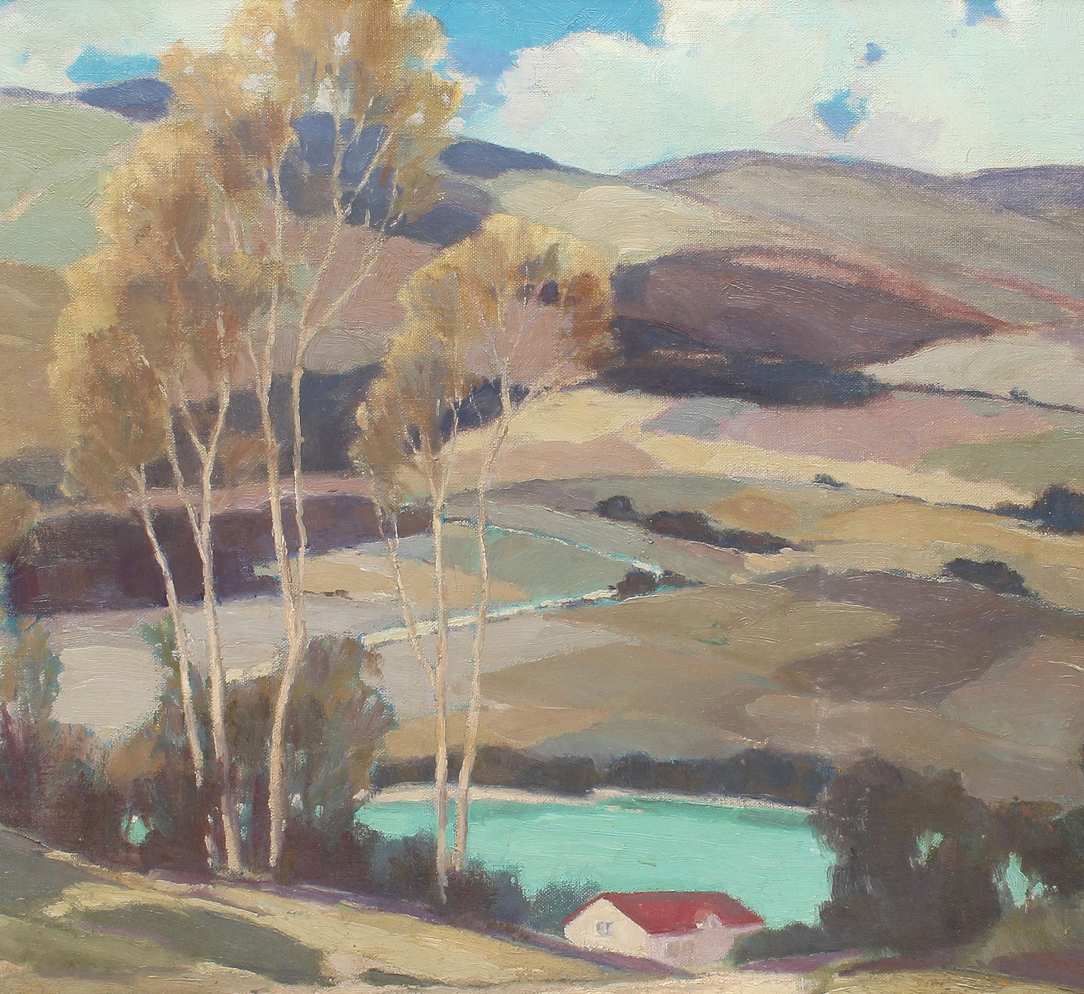 Antico dipinto ad olio modernista americano, paesaggio di fattoria con lavanda - Landscape Painting Marrone di Unknown