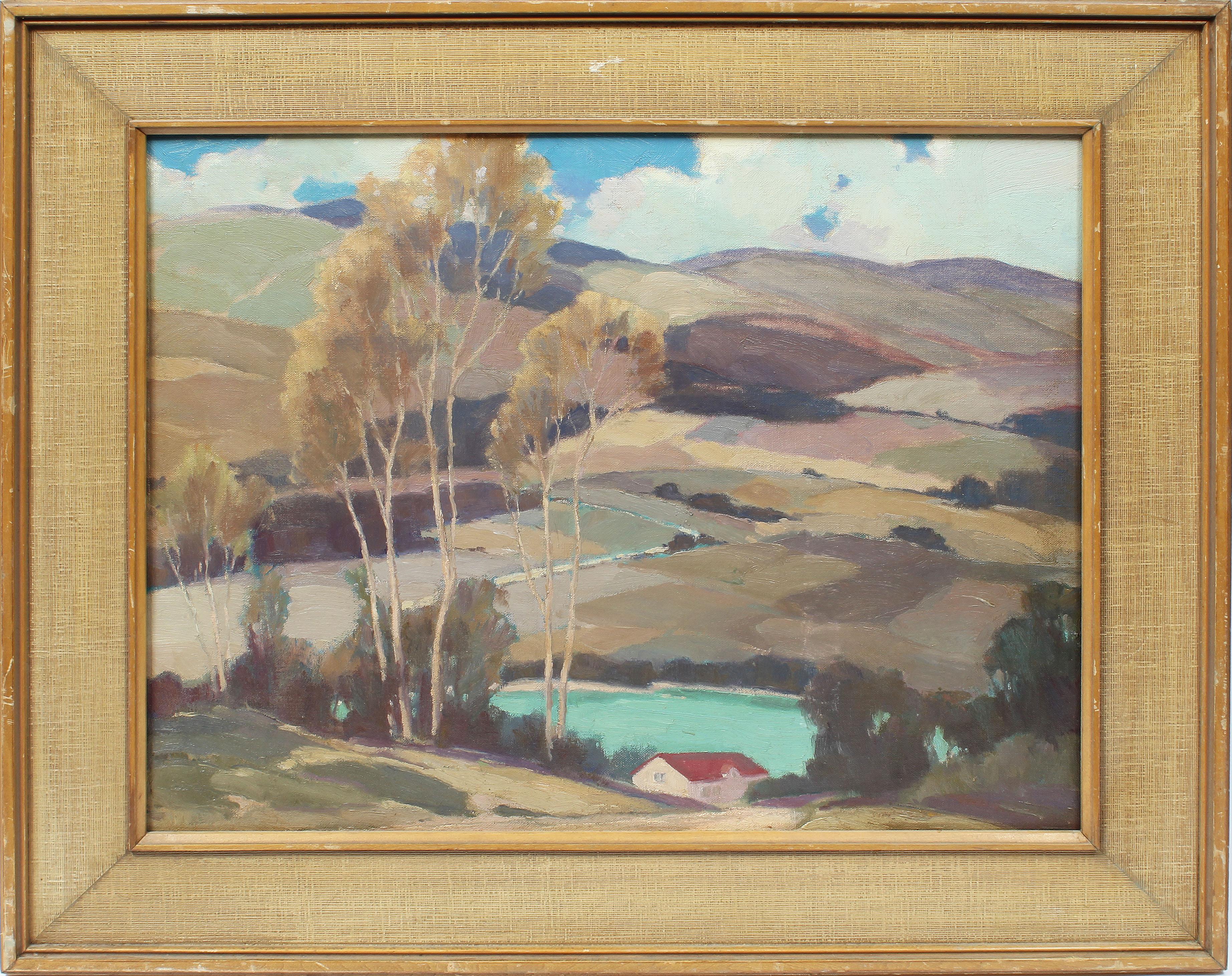 Landscape Painting di Unknown - Antico dipinto ad olio modernista americano, paesaggio di fattoria con lavanda