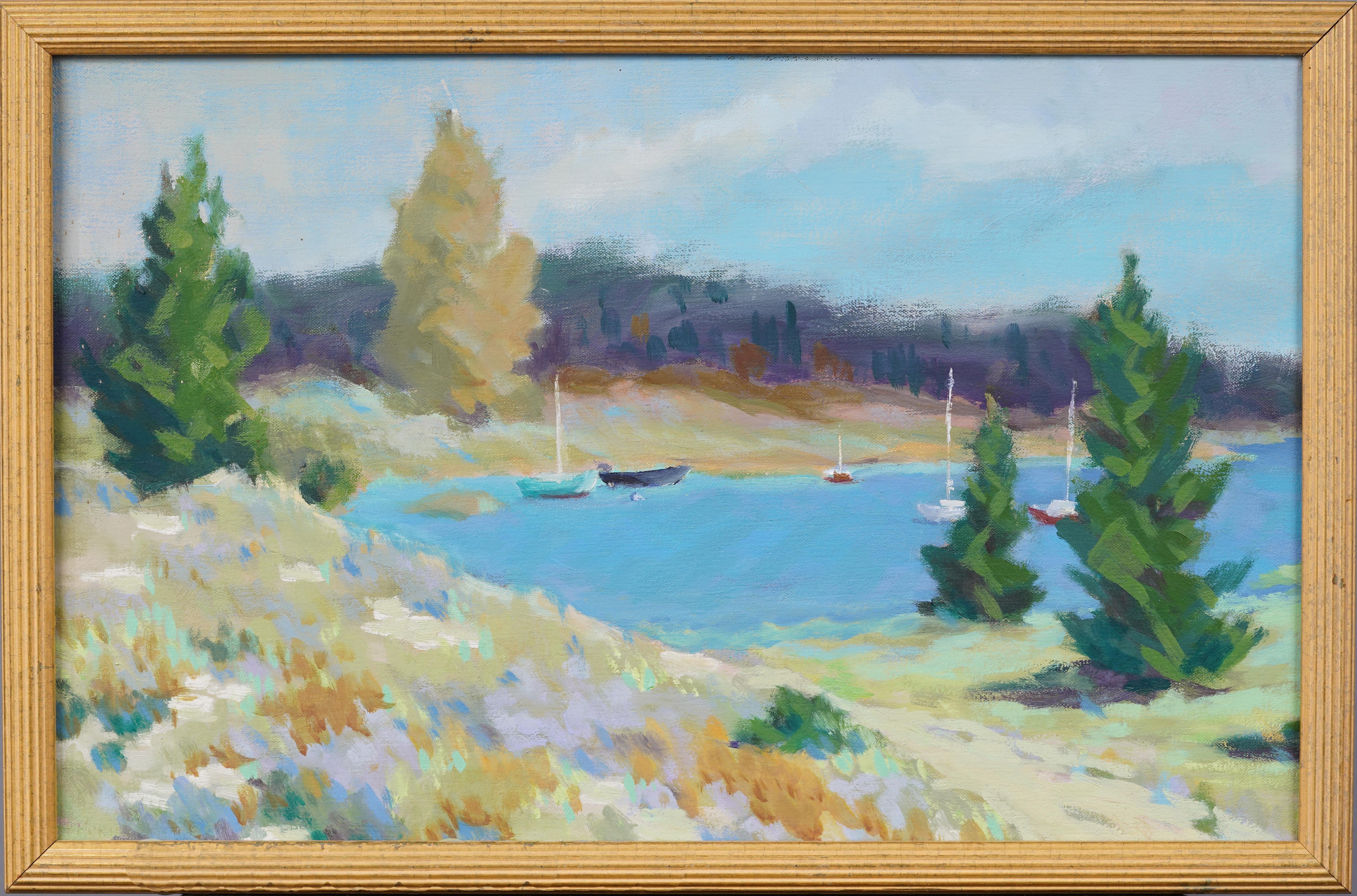 Antico paesaggio marino modernista americano incorniciato, dipinto ad olio con barca nautica estiva - Painting di Unknown
