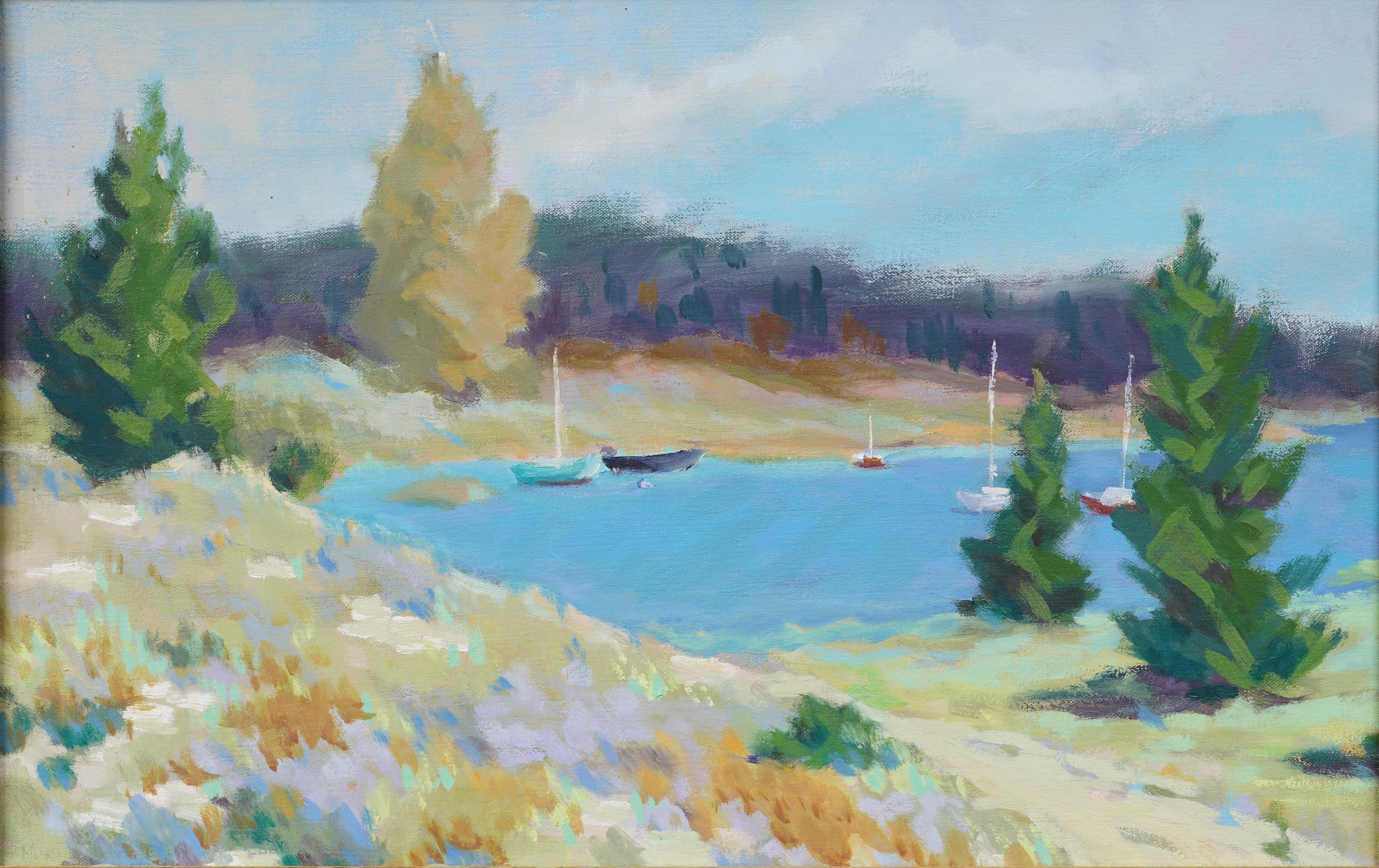 Antico paesaggio marino modernista americano incorniciato, dipinto ad olio con barca nautica estiva - Painting Astratto di Unknown
