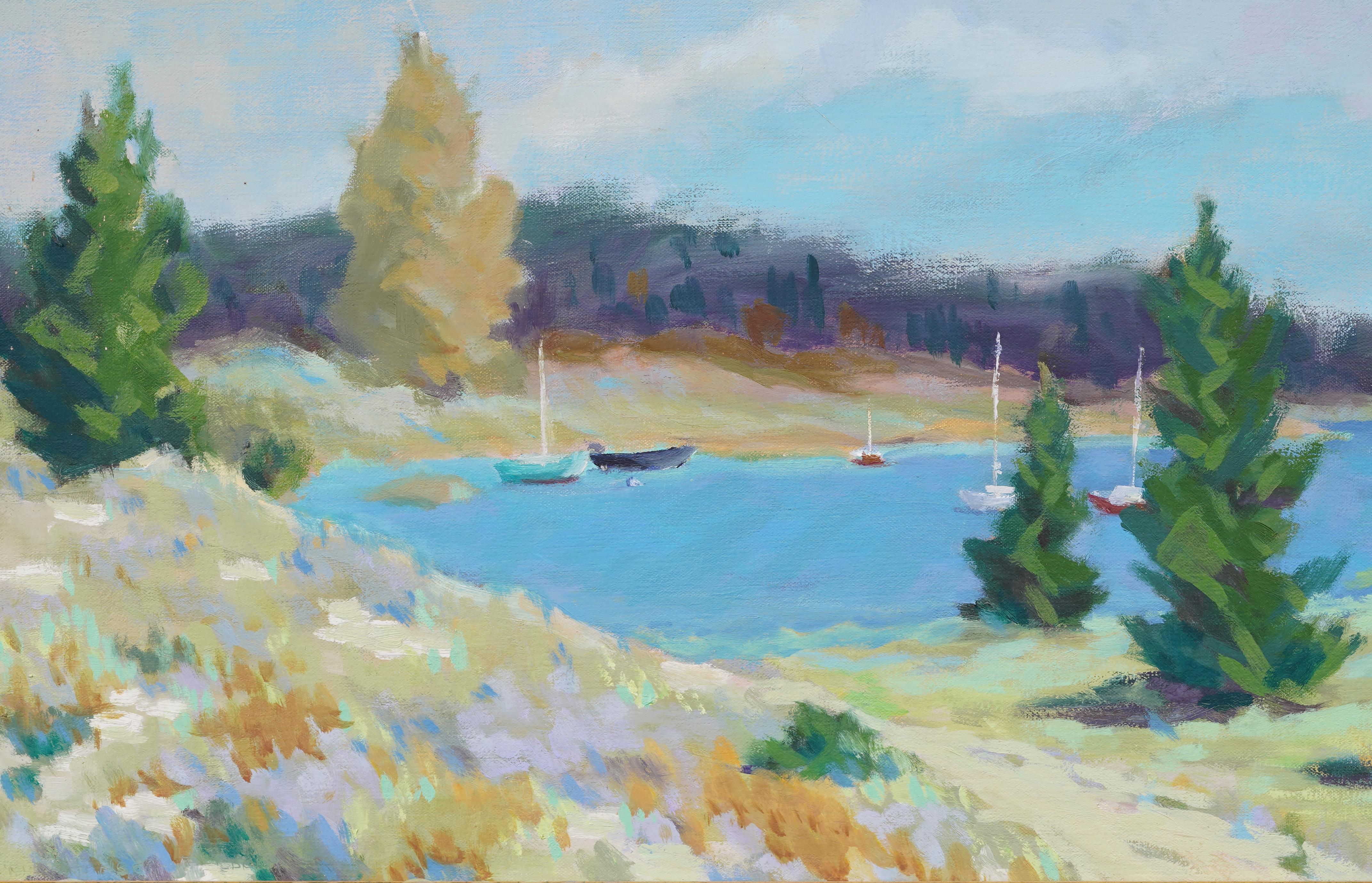 Antico paesaggio marino modernista americano incorniciato, dipinto ad olio con barca nautica estiva - Landscape Painting Grigio di Unknown