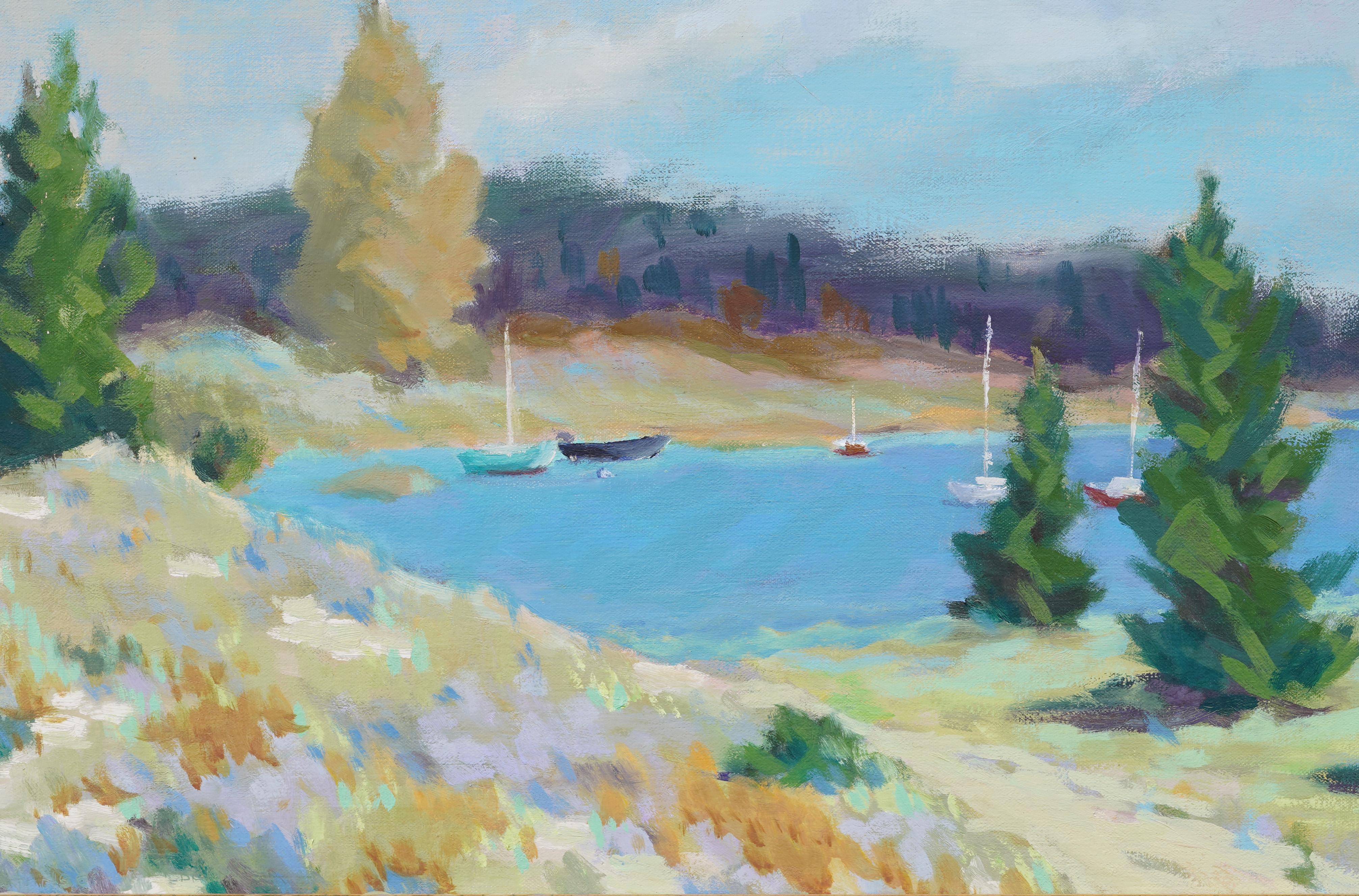 Impressionante dipinto a olio di paesaggio marino del primo modernismo americano.  Incorniciato.  Olio su tela.  Dimensioni dell'immagine, 14H per 22L.