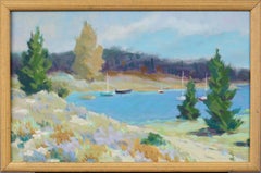 Antique American Modernist Seascape Framed Summer Nautical Boat Oil Painting