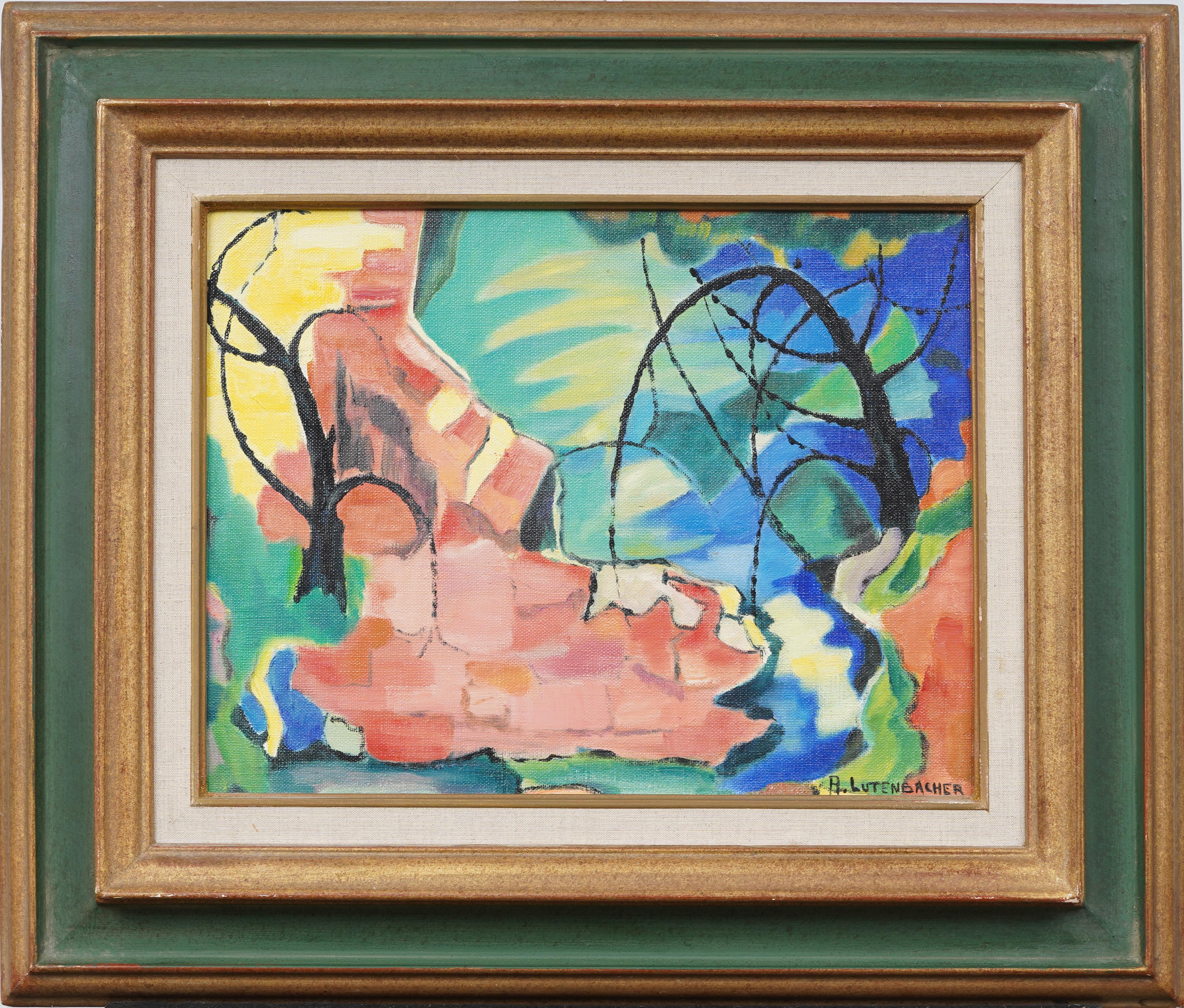 Antique American Modernist Signed Abstract Framed Landscape Nature Oil Painting - Brown Abstract Painting by Unknown
