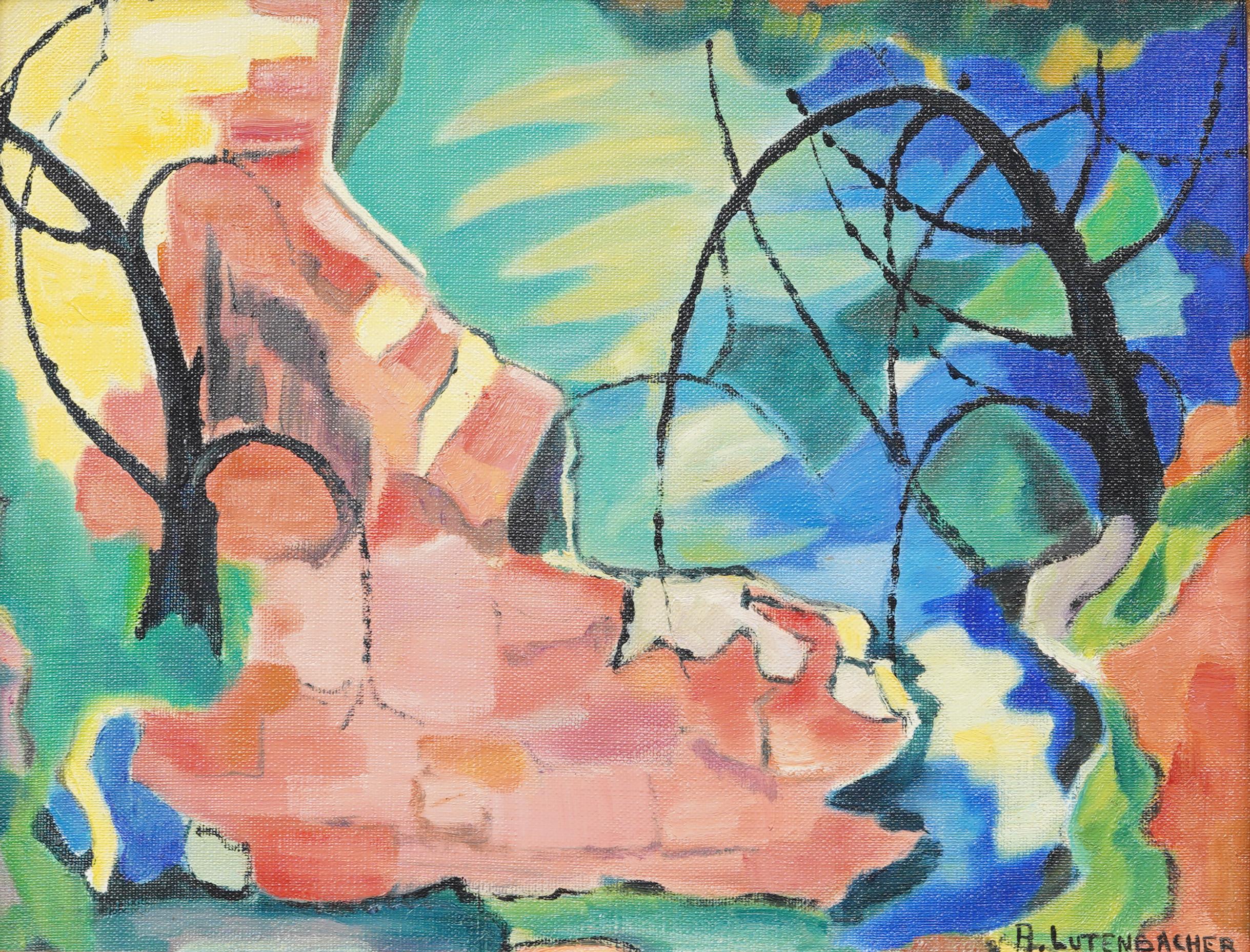 Antique American school modernist landscape oil painting. Oil on canvas. Signed. Framed. Measuring  18 by 21 inches overall.  In excellent original condition. Handsomely framed in a  giltwood molding.  Excellent condition, ready to hang and enjoy. 