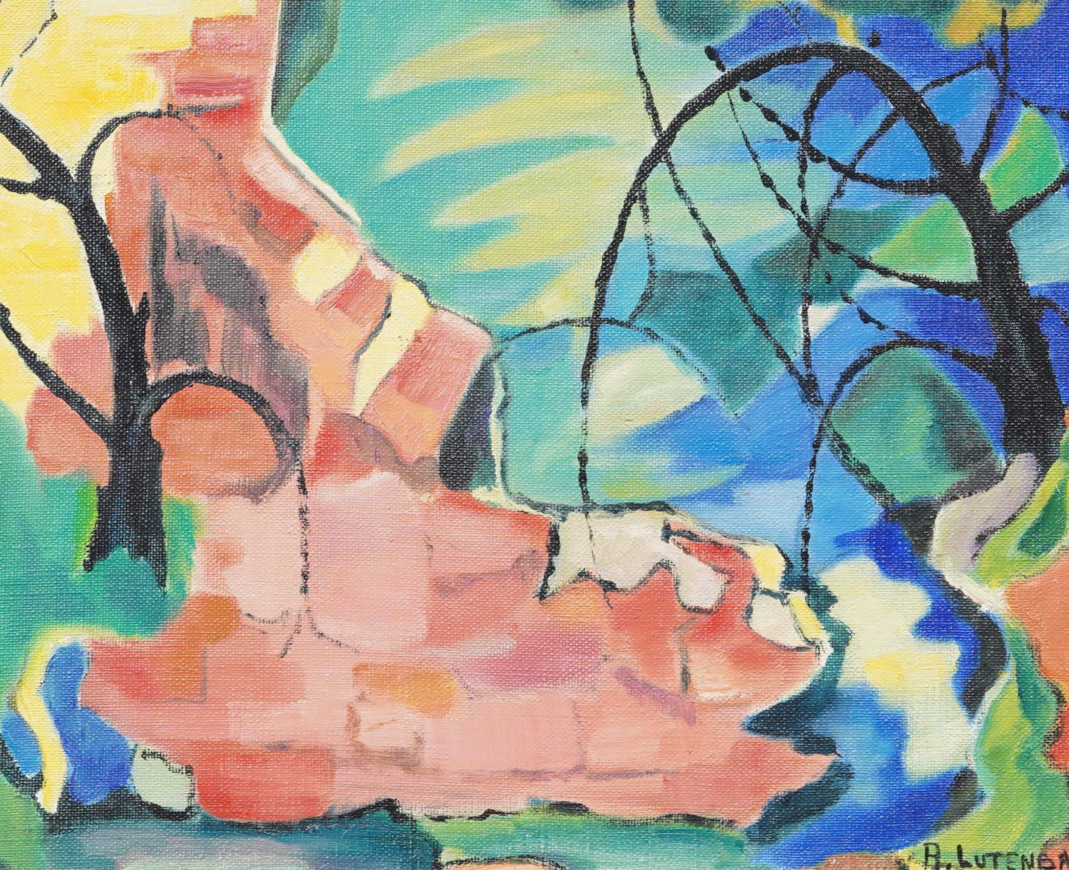 Antique American Modernist Signed Abstract Framed Landscape Nature Oil Painting For Sale 1
